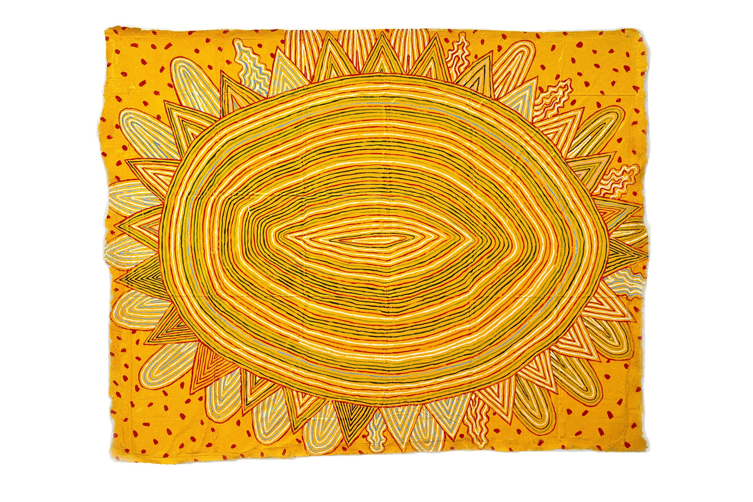 Abstract artwork depicting a large golden-yellow sun with concentric, multicolored wavy lines and pointed rays, surrounded by a speckled yellow-orange background.