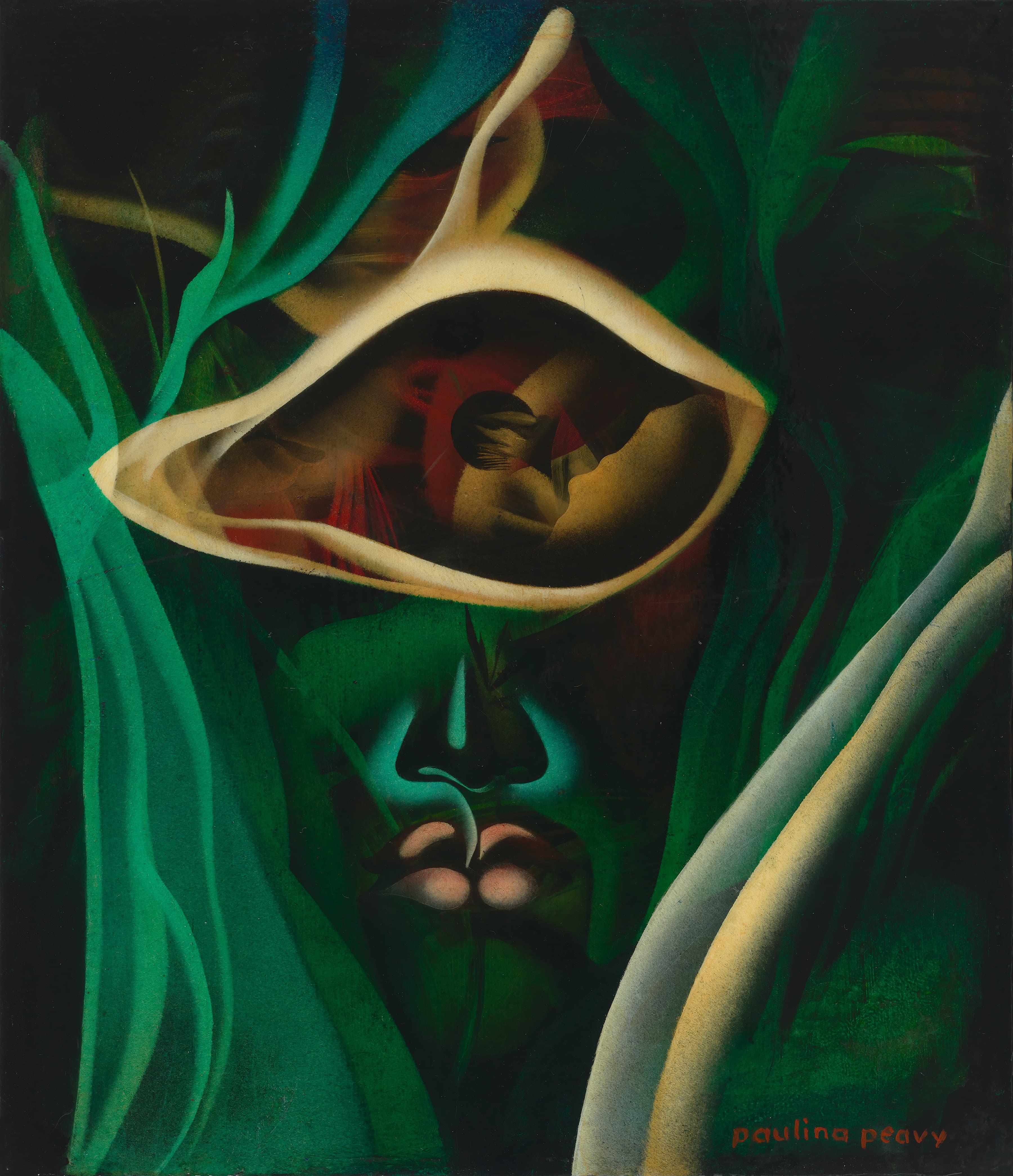 A vertical painting depicting a stylized human face merged with nature. A dark green mask-like face with glowing turquoise highlighting around the nose and upper lip fills the lower center. Above the face, a stylized, cream-colored lily flower bloom forms the shape of a large, wide-open eye. Inside the central hollow of the bloom, a small, silhouetted human figure is nestled within warm red and gold light, while long, wavy dark green leaves flank the entire composition.