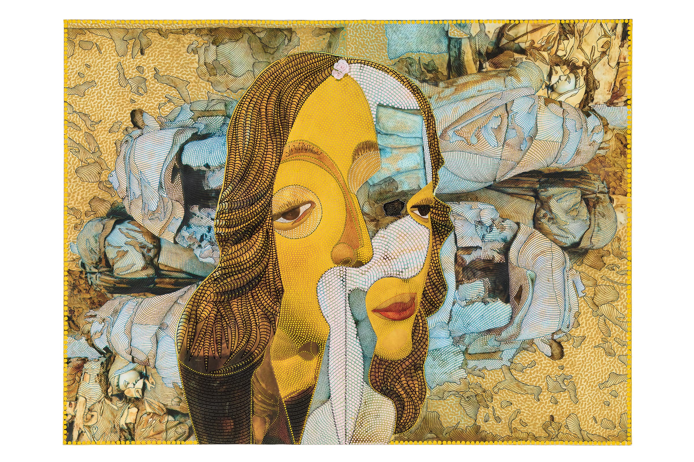 An artwork featuring a large central portrait of a woman split down the middle into two distinct facial sections. The left side of her face is rendered in a solid vibrant yellow with detailed patterns outlining her eye and brow, while her flowing brown hair is composed of intricate, undulating lines. The right side of her face is textured with a fine white grid pattern overlaying a more realistic depiction of her eye and red lips. The entire portrait is set against a complex, busy background of swirling, light-blue and tan drapery patterns, all contained within a border of small yellow dots.