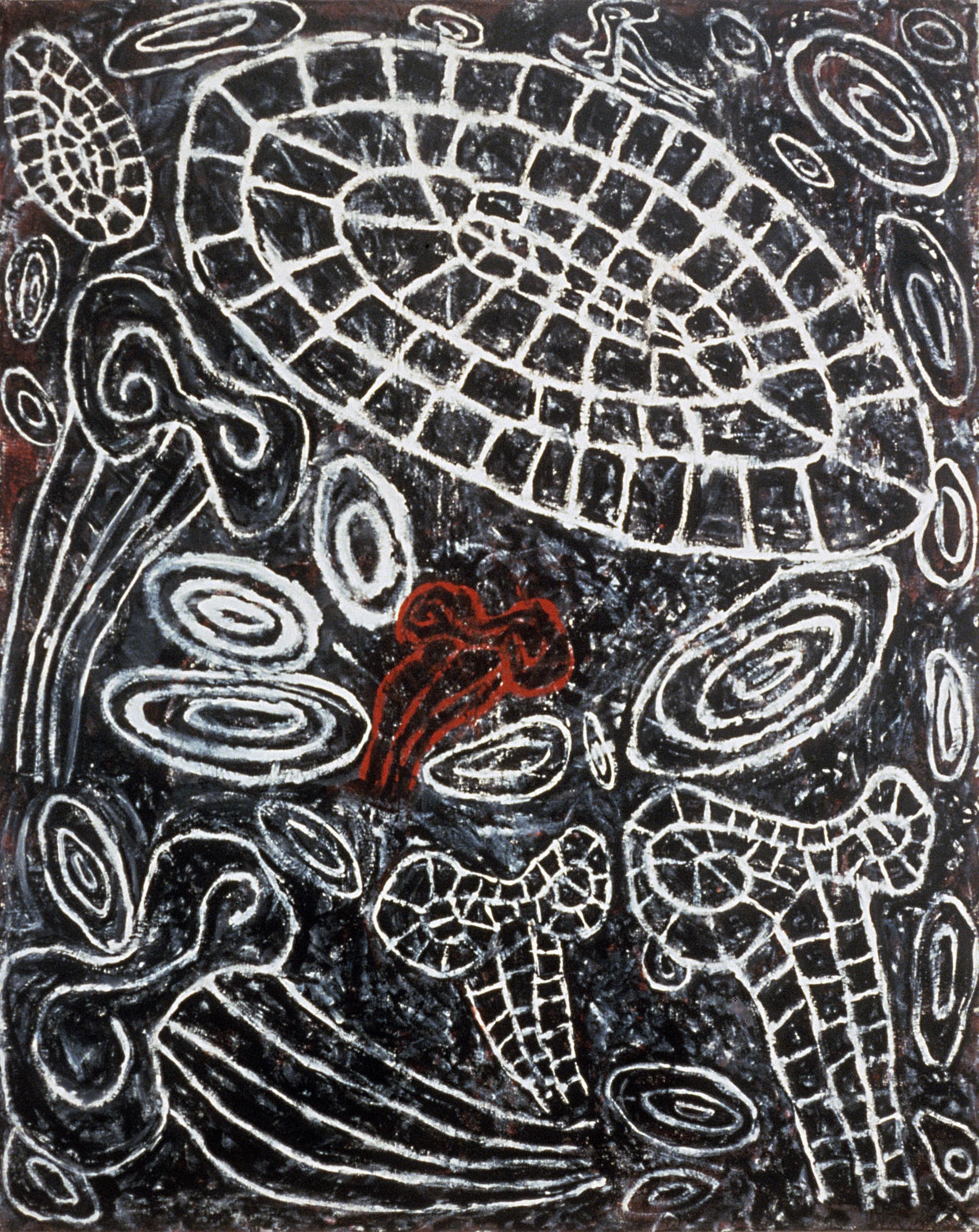 An abstract painting featuring white and dark red patterns thickly painted onto a textured black background. The composition is filled with organic, repeating shapes outlined in white, including a large tiled oval resembling a turtle shell or spiral pathway near the top, several concentric circles, and bone-like or fan-shaped grid structures. Near the center, a small, distinct shape is outlined in deep red, contrasting with the otherwise monochromatic white-on-black color scheme.