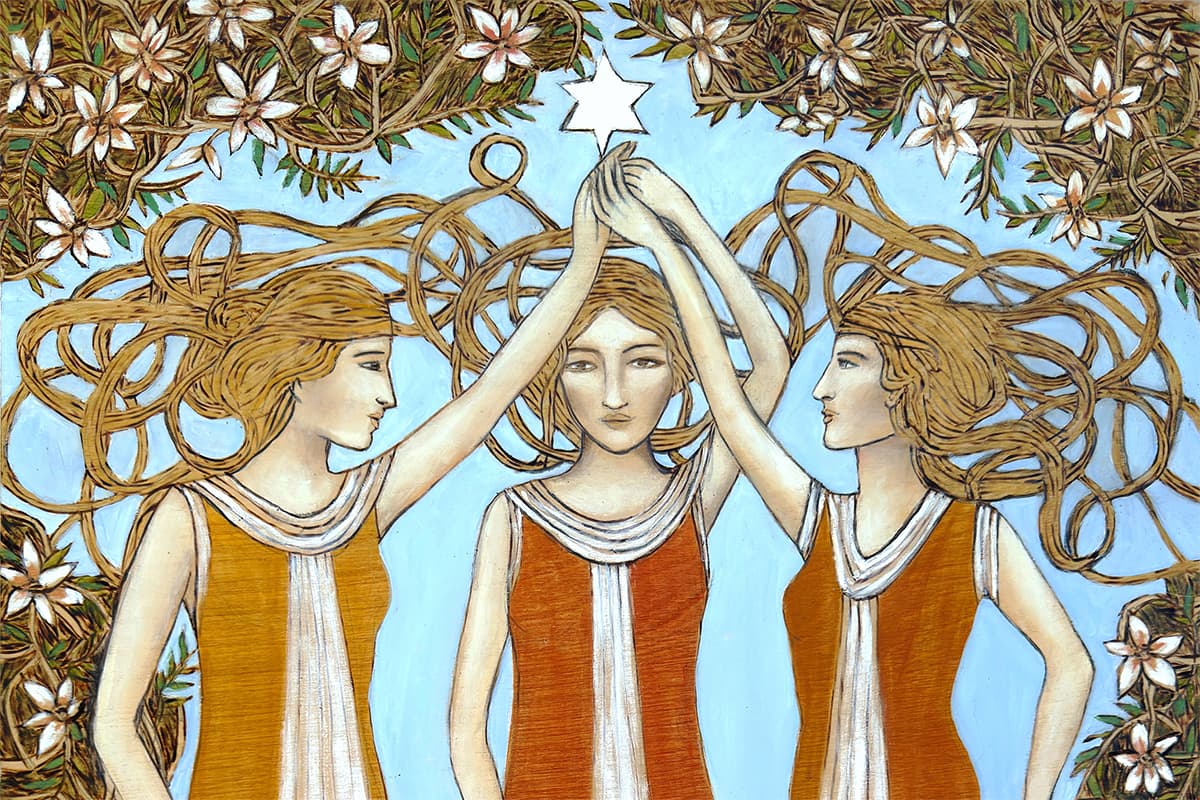Three women with long, intertwined golden hair stand beneath flowering vines, two raising their joined hands above the central figure against a pale blue sky.