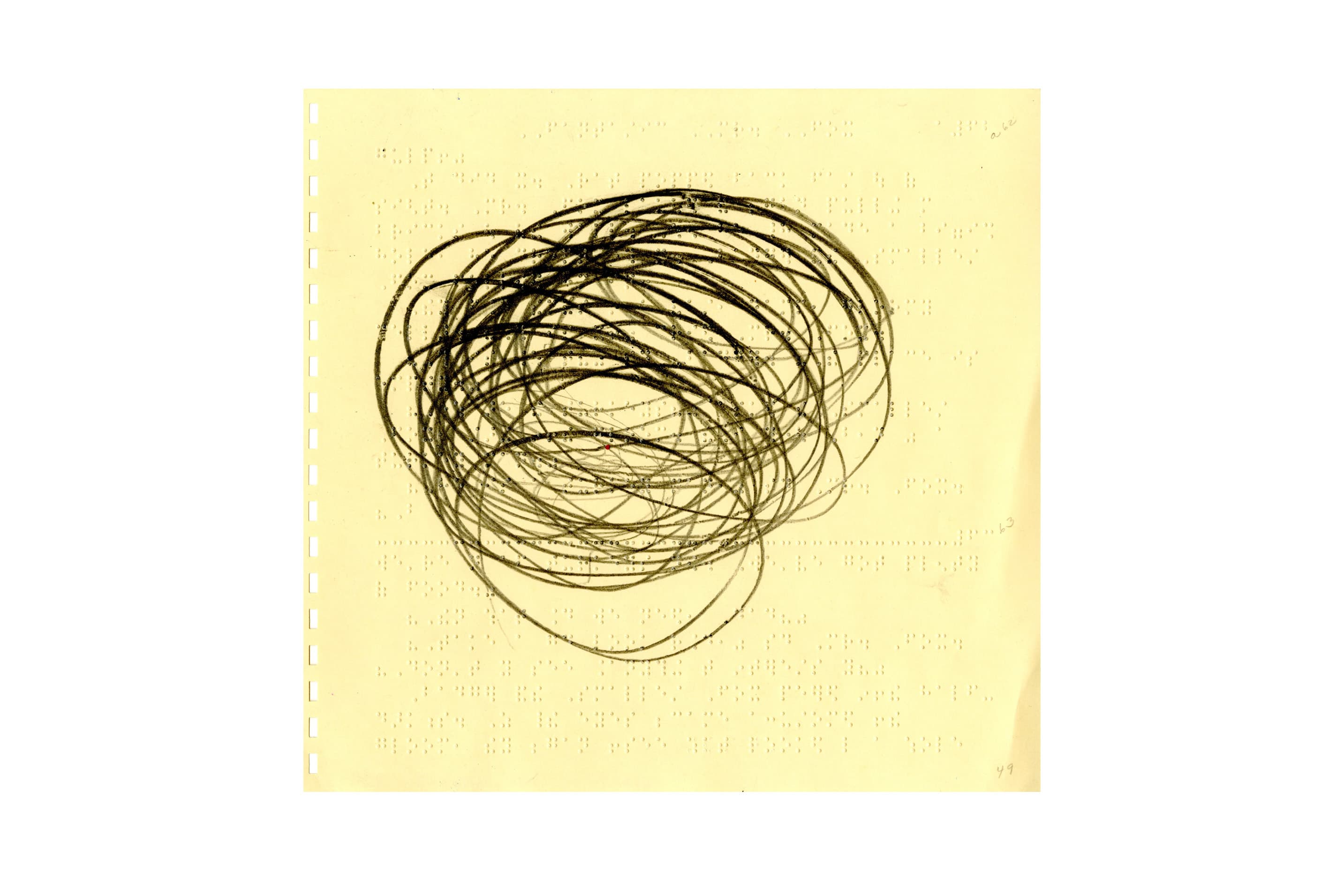 Frenetic swirls of graphite on a square piece of braille paper.