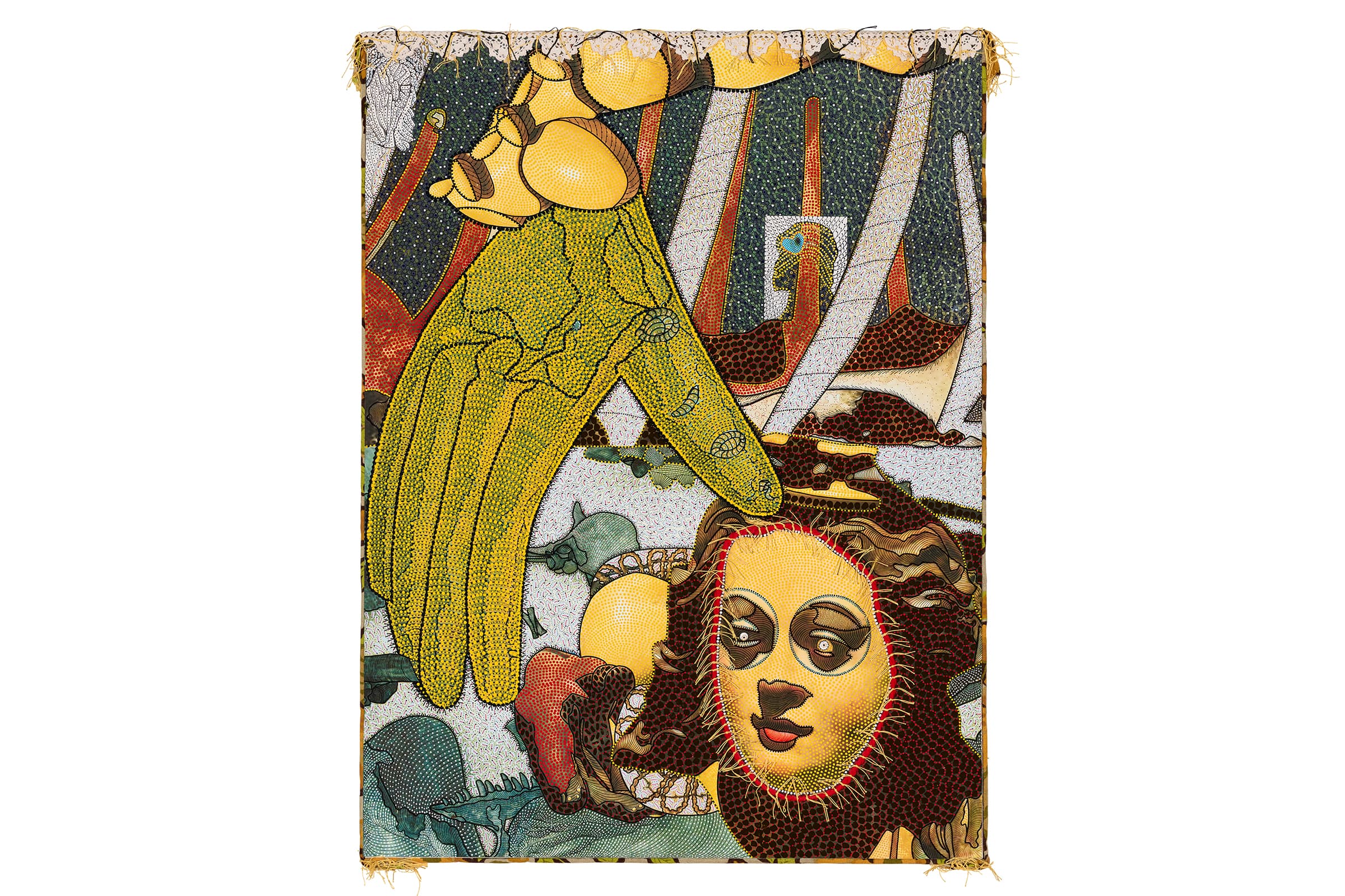 Artwork featuring a large, stylized green gloved hand with a textured, pebbled surface reaching down from the left toward a small face in the lower right corner. The face, outlined with thick red stitches, has prominent dark-rimmed eyes and a yellow-toned visage nestled within dark, wavy hair. The surreal composition is filled with abstract patterns, vertical white shards or pillars, and spherical elements set against a deep, stippled background with frayed textile edges at the top and bottom.