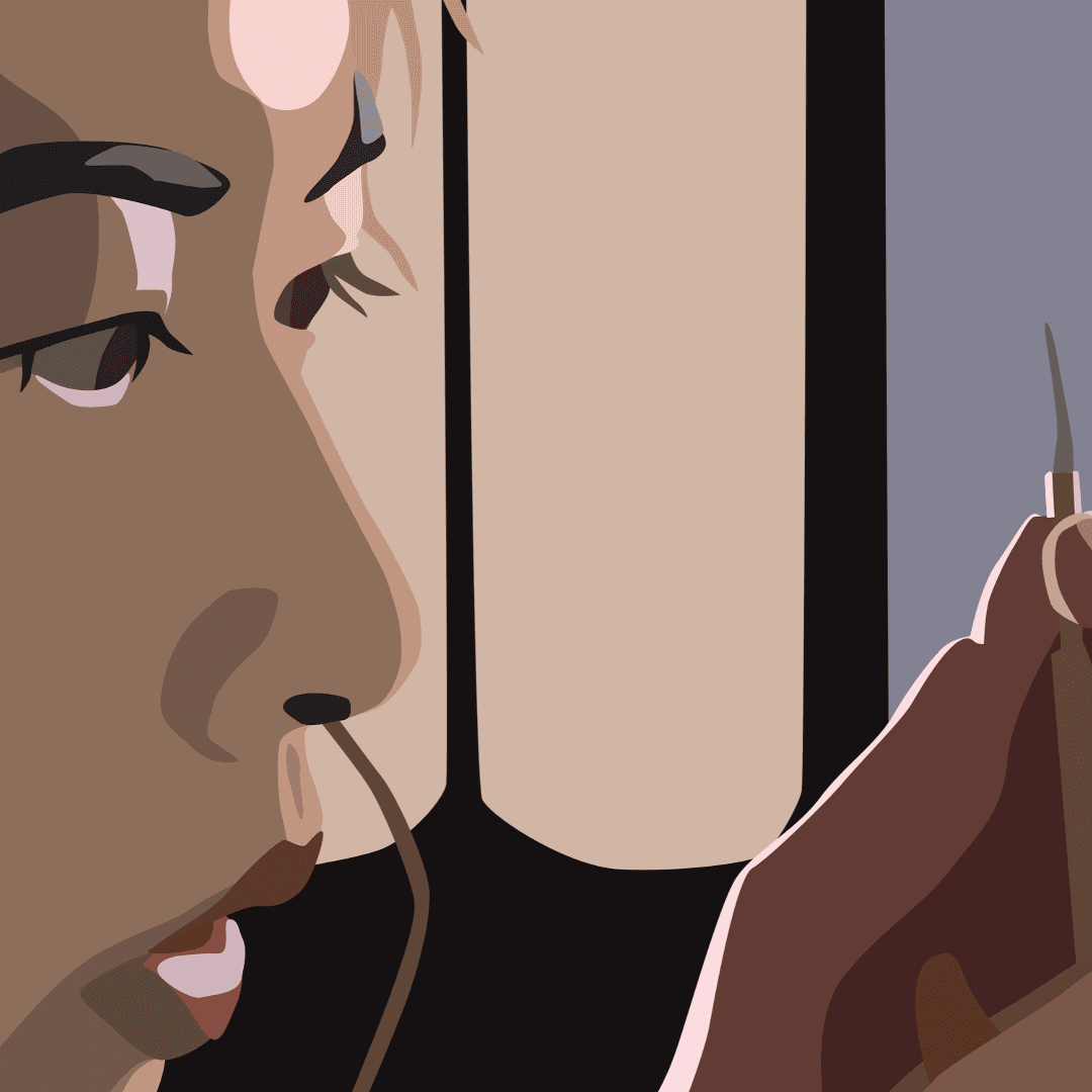 An illustration of a woman holding and looking very closely to a writing implement.