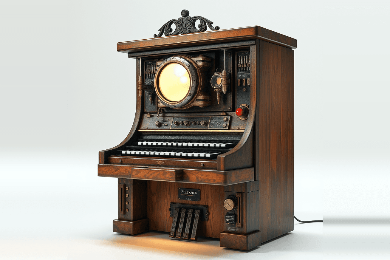Rendering of a dark wood cabinet organ with a glowing round amber dial, brass fittings and two stacked keyboards, shown against a plain white background.