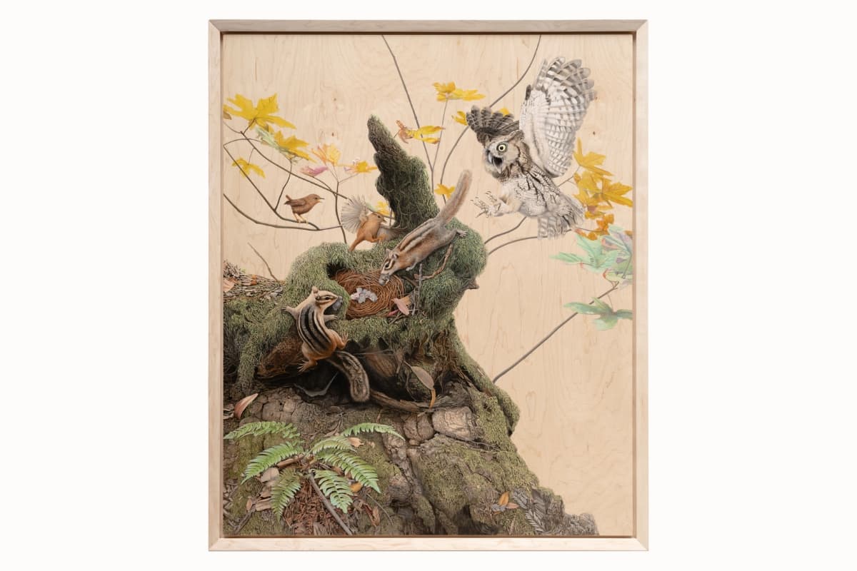 Painting of a moss-covered tree stump surrounded by autumn leaves and forest vegetation, with a great horned owl swooping toward a squirrel and several small birds gathered around a nest. A chipmunk emerges from the hollow beneath the nest, while ferns, branches, bark, and fallen leaves fill the lower portion of the scene.
