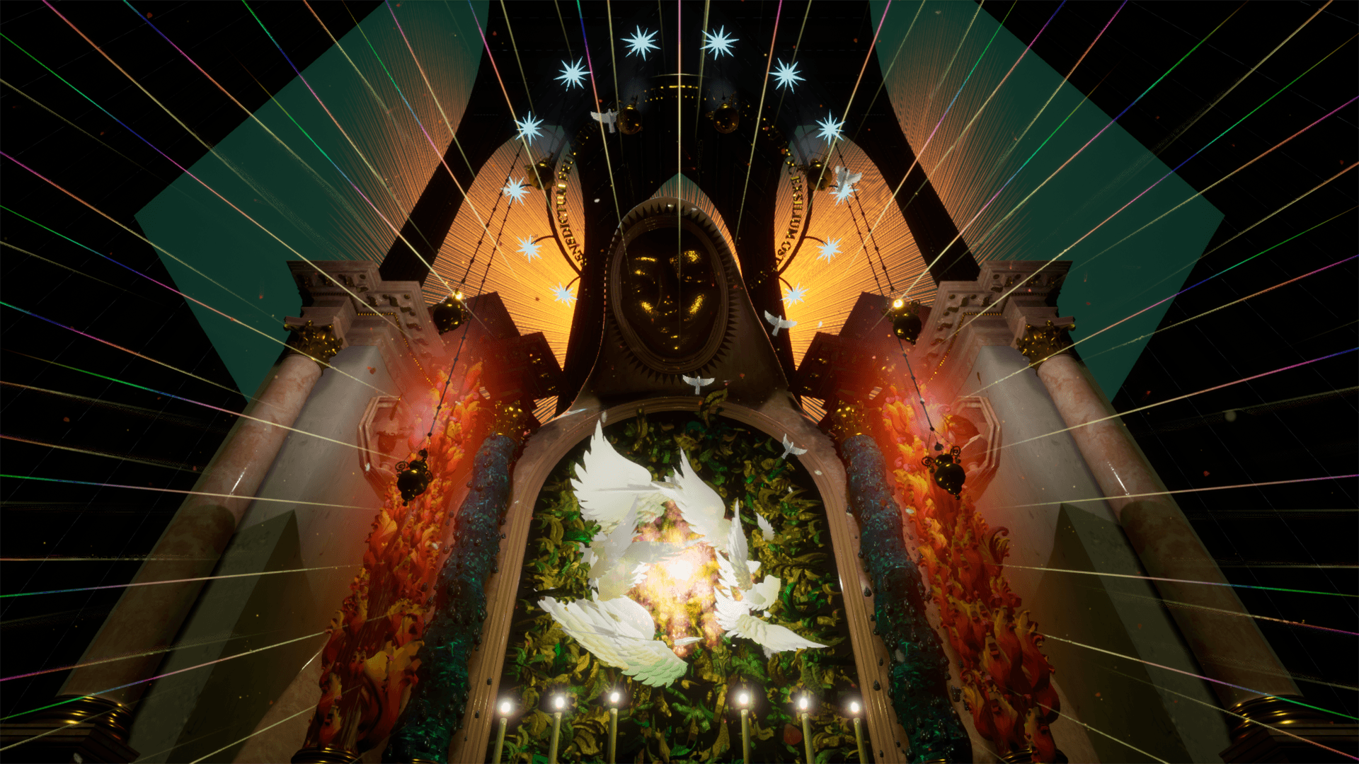 a 3D-rendered scene of an altar in a church, lit with candles and doves flying in the background. on the left hand side of the image, green leafy vines encroach on the image and on the right hand side there are ornate, heavenly designs.