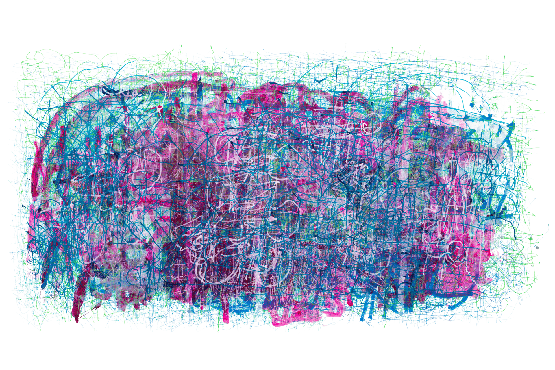 An abstract drawing in a landscape format with blue, purple, and pink writing deeply layered to create cloud-like forms.  Under layers include green tones. Most of the painting has large black abstract forms and its center has white circles.