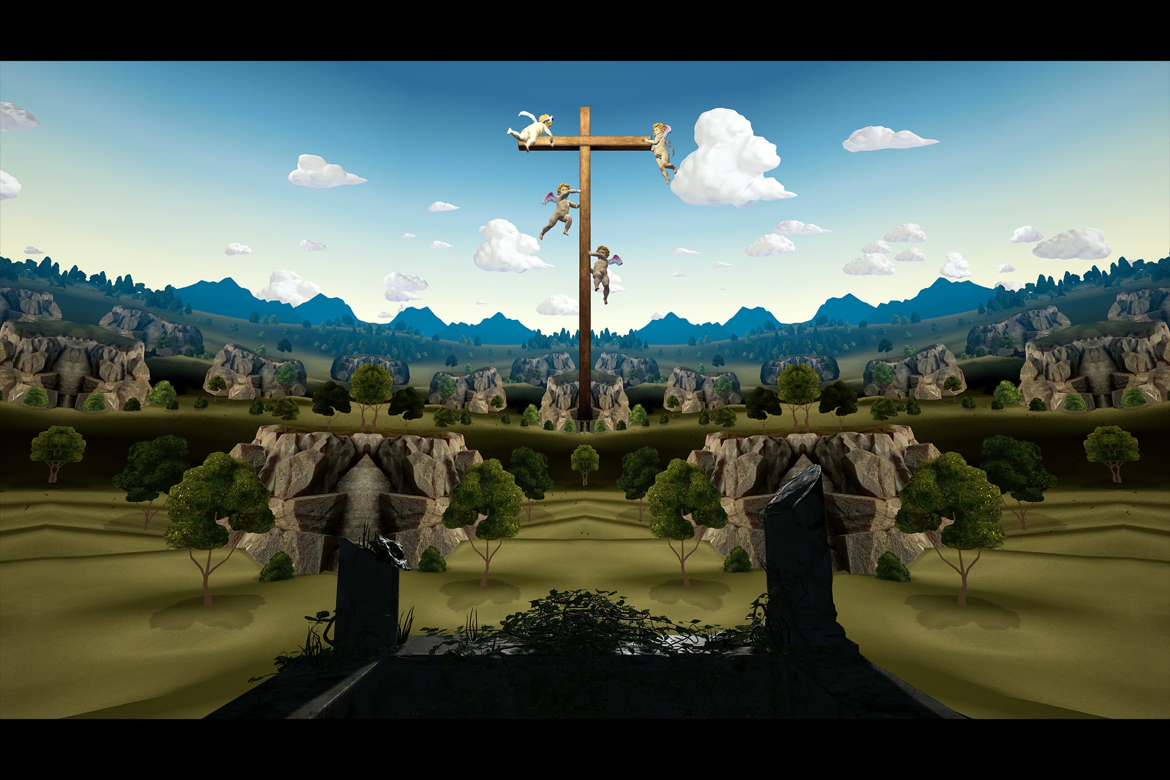 A 3D-rendered, pastoral landscape with a Christian cross at the center. Small cherubs fly around the cross against a blue sky with white clouds.