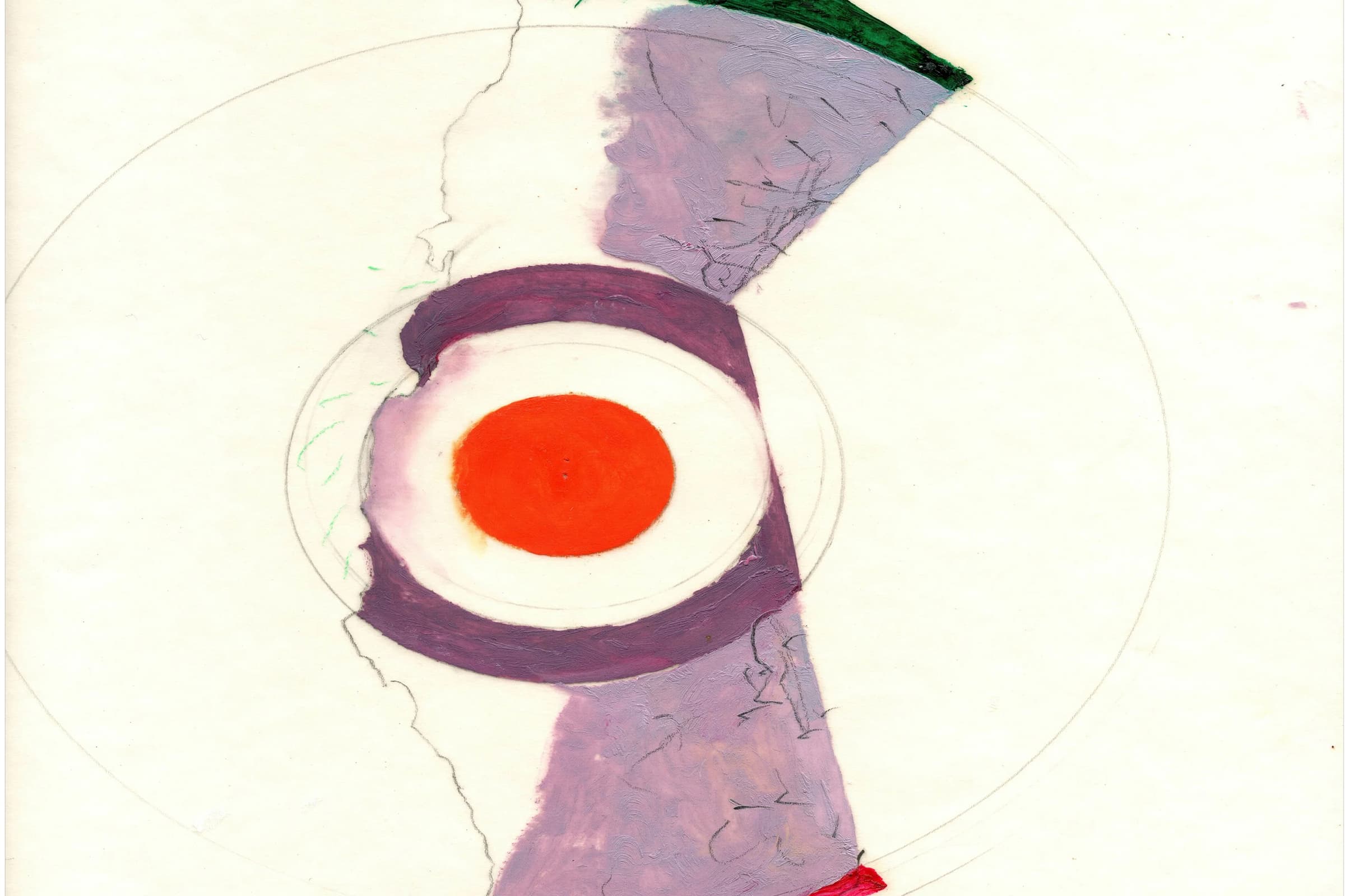 Artwork depicting a central bullseye motif overlaid with expressive shapes. The core of the piece shows a vibrant orange-red circle surrounded by concentric rings of white and deep purple, resembling a target. This central image is flanked vertically by textured, fan-like brushstrokes of light purple paint, capped with thick forest green paint at the top edge and textured red paint at the bottom. Faint pencil-drawn concentric circles span the white background, and handwritten text at the bottom reads the title of the work.