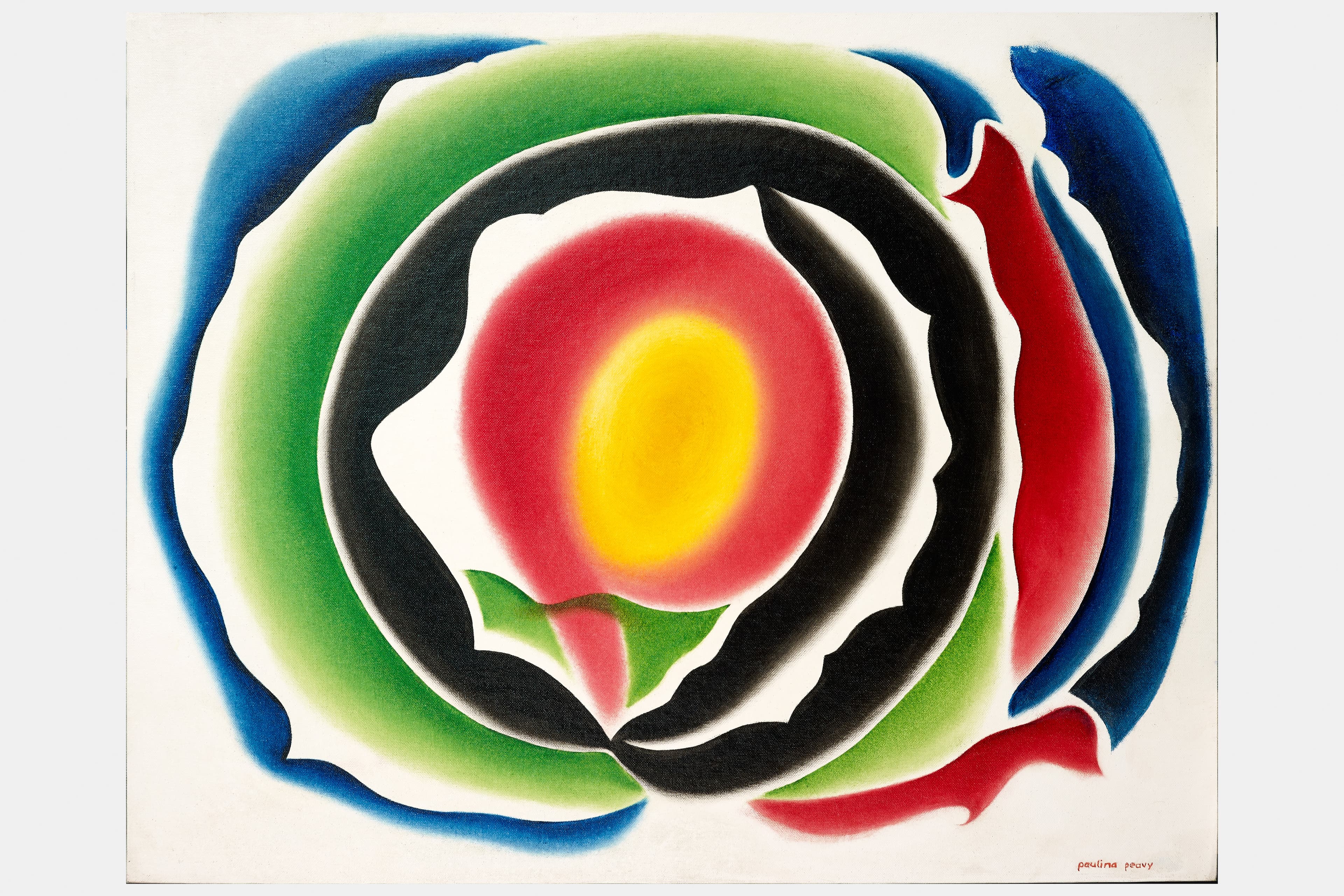 An abstract painting features concentric, organic rings of vibrant color radiating from a central luminous core, signed in the bottom right corner as "paulina peavy". At the center sits a bright yellow oval enveloped by a larger crimson red circle, resembling a glowing cell or celestial body. Moving outward, the central forms are ringed by wavy, stylized bands of black, deep forest green, and earthy red-brown. The entire composition is framed by soft, cloud-like brushstrokes of deep blue and bright turquoise along the left, top, and right edges, all set against a clean off-white background that emphasizes the fluid shapes.