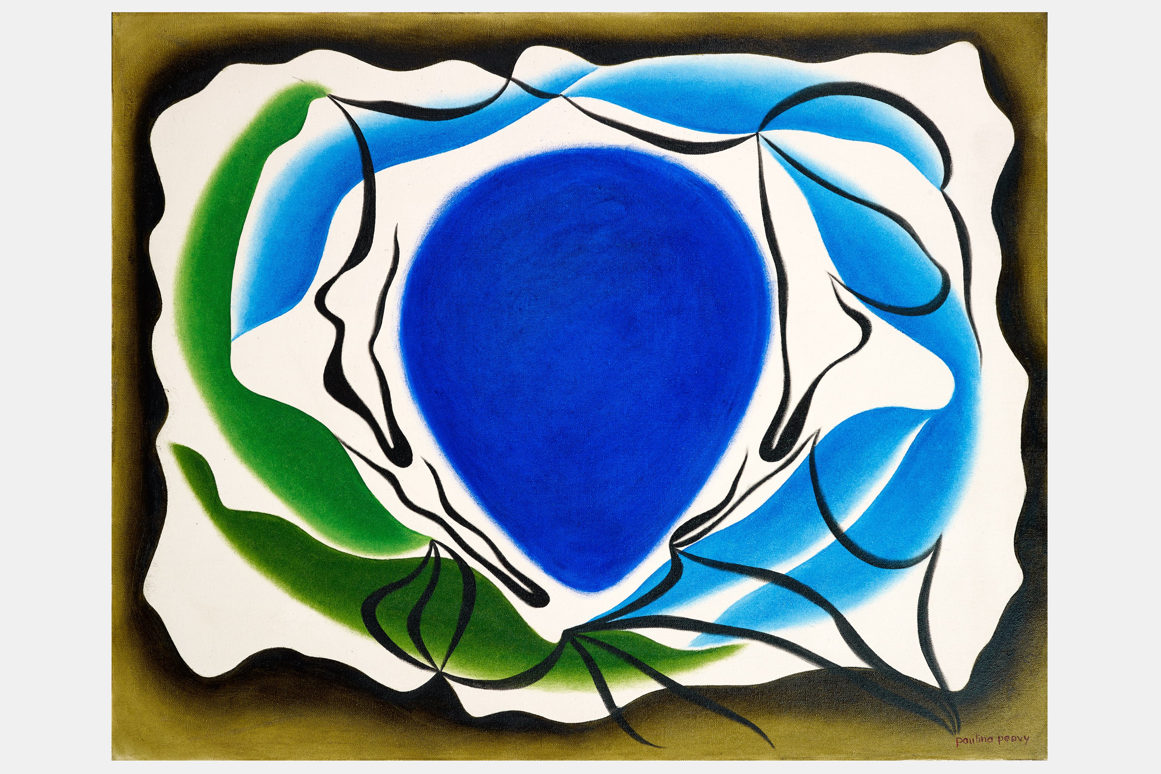 A landscape format painting. At the center sits a large, vibrant royal blue teardrop or egg shape, nested within swirling, fluid waves of bright turquoise blue and dark olive green. Curving black line-art silhouettes, suggesting organic forms or cupped hands, outline the inner contours of the design against a white backdrop. The composition is tightly enclosed by a dark, soft-edged brown or olive gradient border that hugs the canvas edges.