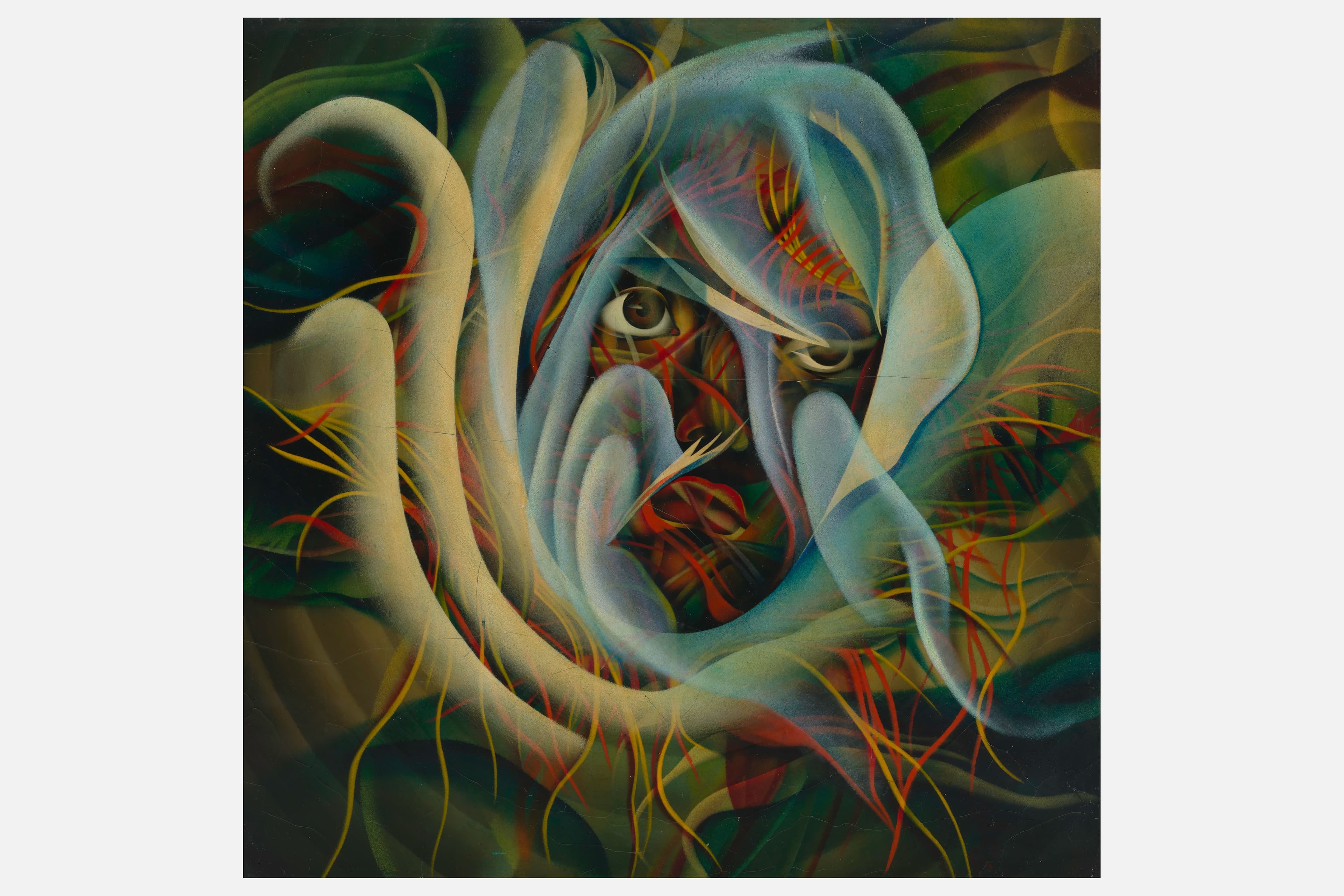 A square painting featuring a heavily stylized face peering out from behind fluid, kinetic layers. At the absolute center, a human face is partially visible through a dense web of fiery red, orange, and yellow skeletal lines. One prominent, realistic brown human eye gazes forward with a intense expression. Overlapping the face are thick, semi-translucent ribbons of pale ice-blue, cream, and silver paint that swirl in a sweeping circular motion, resembling glowing mist or unfolding cosmic petals. The outer background darkens into deep moss greens, browns, and blacks, accented by thin, wispy tendrils of bright yellow and red that trail off into the dark canvas corners.