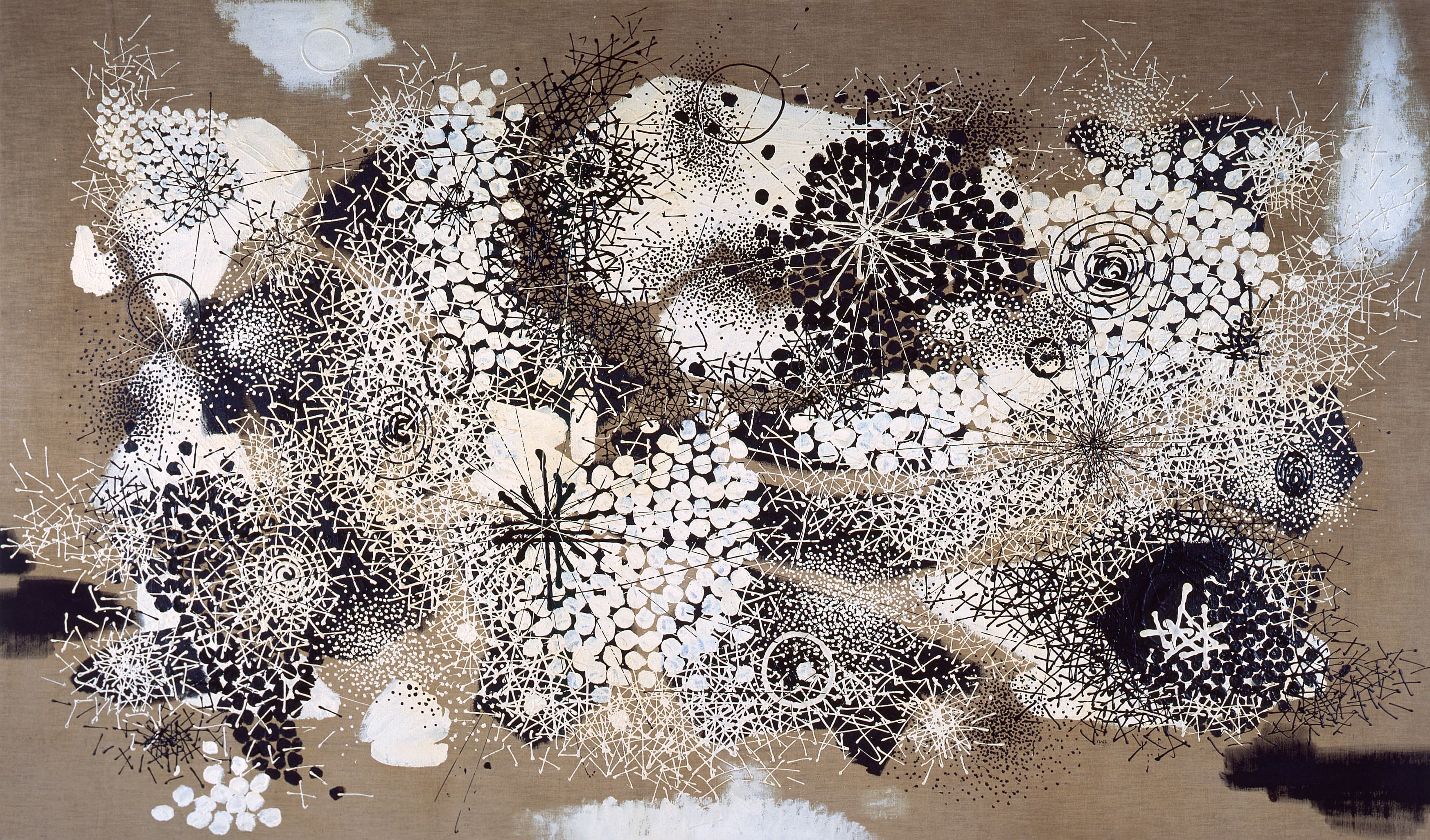 Image of an abstract painting in white, black, and cream shapes that are round, linear and spirals on a tan background.