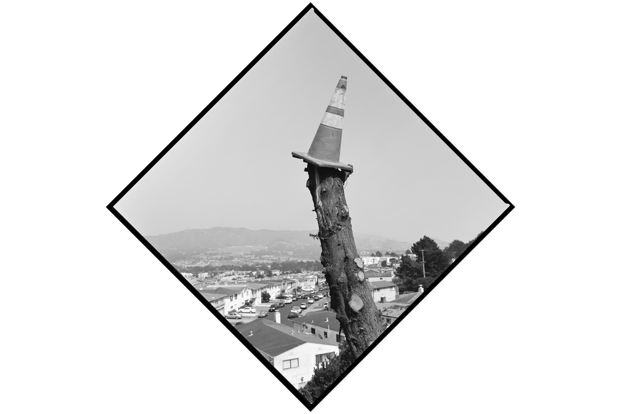 A black-and-white photograph of a traffic cone balanced on the cut end of a tree trunk, overlooking a residential Daly City neighborhood with hills in the distance.