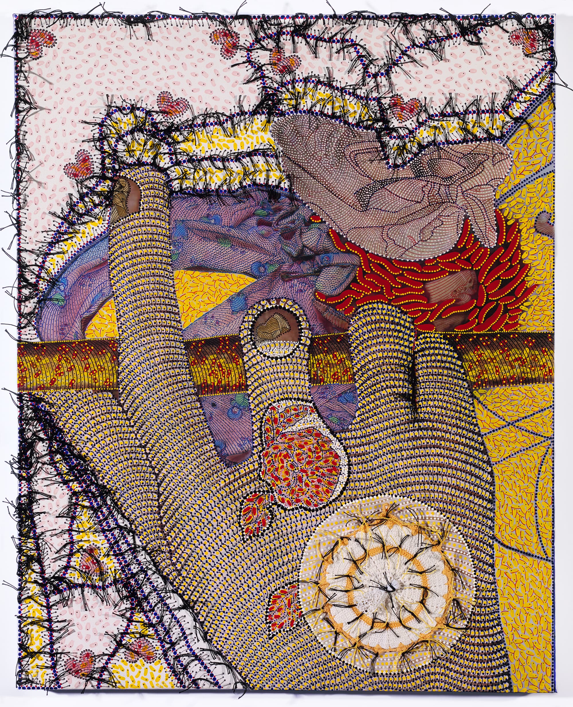 This multimedia work uses vibrant blue, orange, purple, red, yellow acrylic, ink, fabric and other collage materials to create the visual of an abstracted hand.