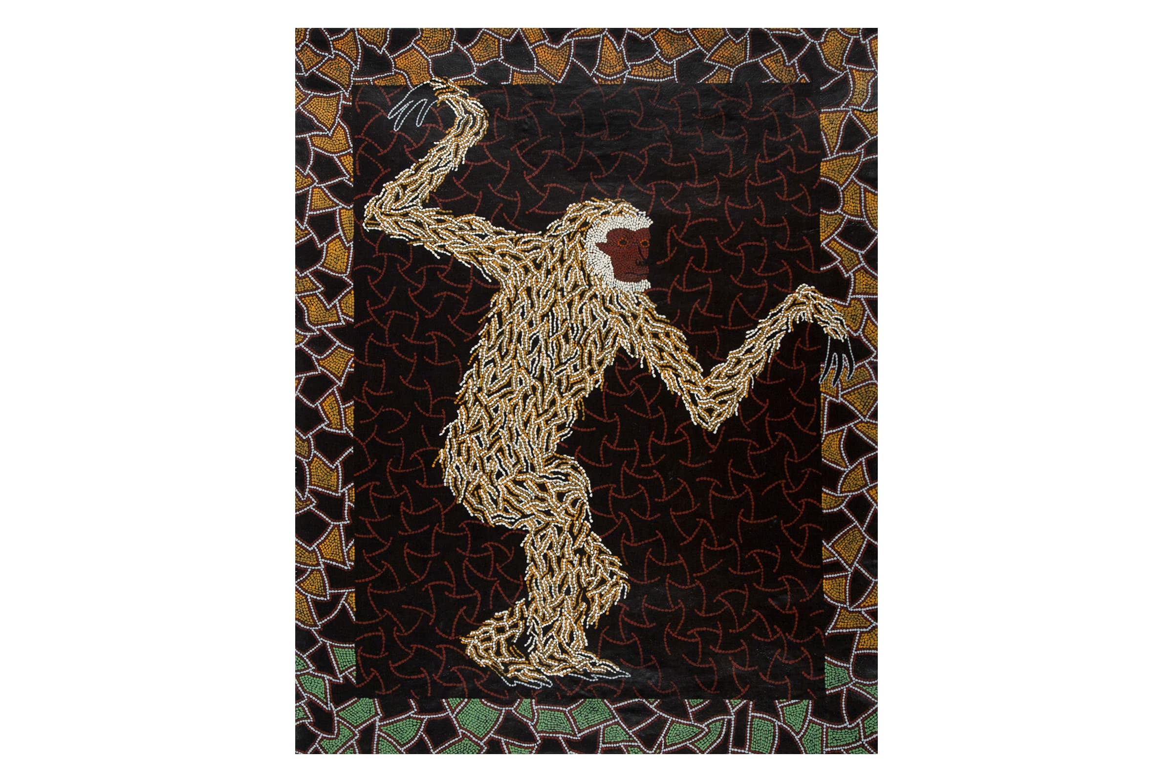 Stylized painting of a gibbon with outstretched arms and legs, rendered in dense white, gold, and brown dotted lines against a black background. The figure is surrounded by a geometric, mosaic-like border in gold, white, black, and green.