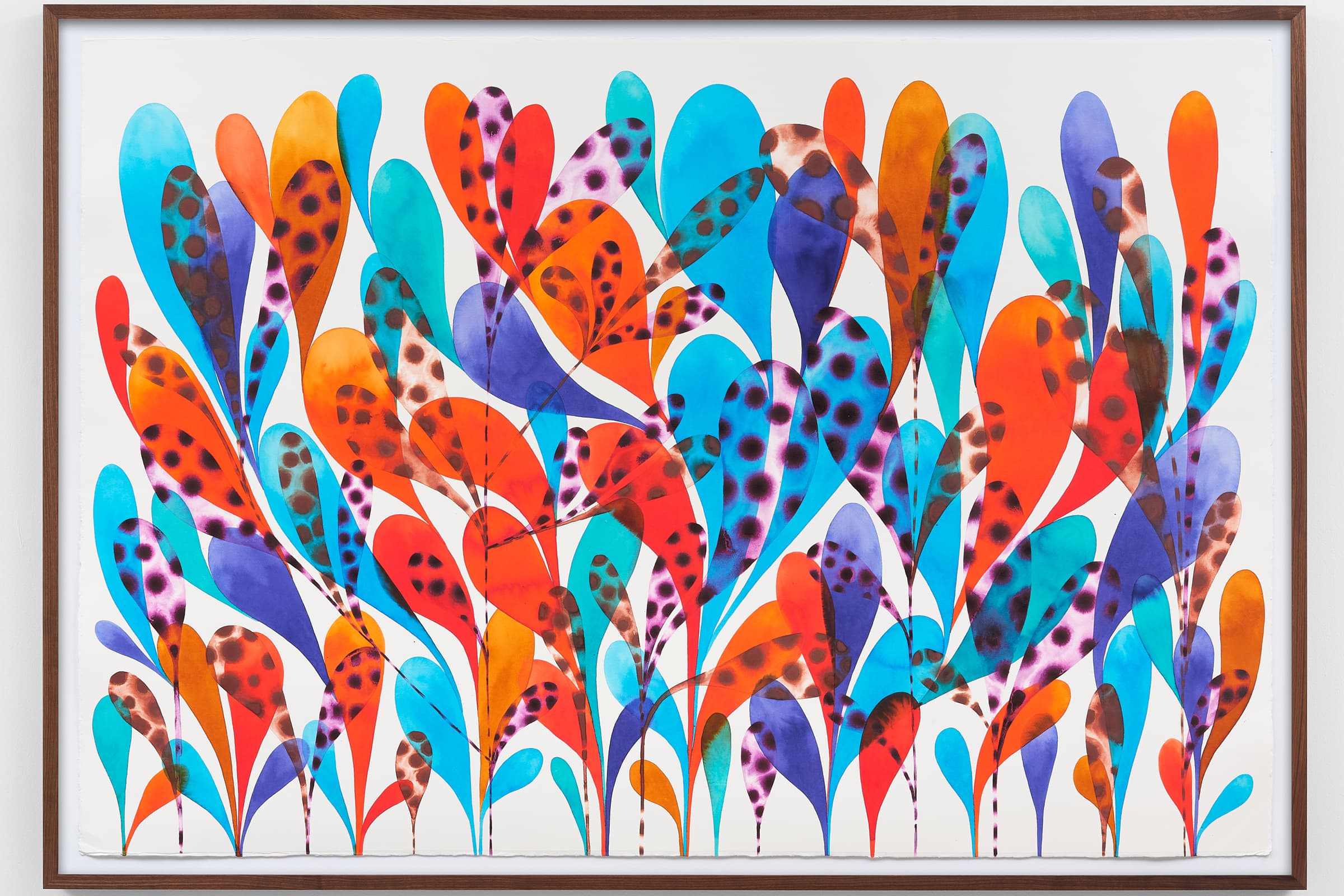 A vibrant watercolor painting featuring dense, overlapping plants with teardrop shaped leaves in shades of blue, orange, red, and purple, some of the leaves are decorated with brown animal-like spots and patterns.