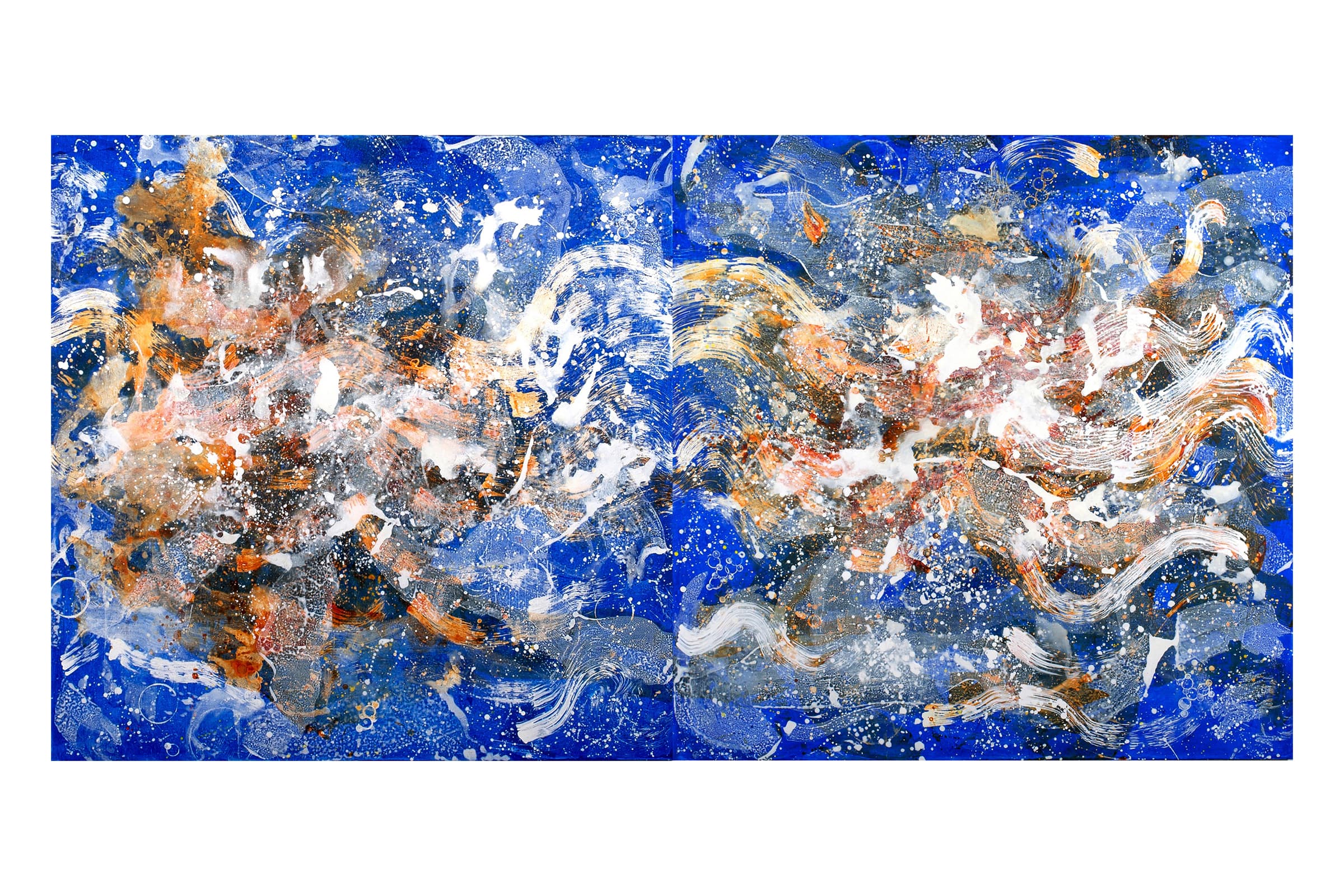 Abstract diptych dominated by vivid cobalt blue, with dense layers of white, gray, black, and copper-orange paint forming swirling, splattered, wave-like textures across two adjoining panels.
