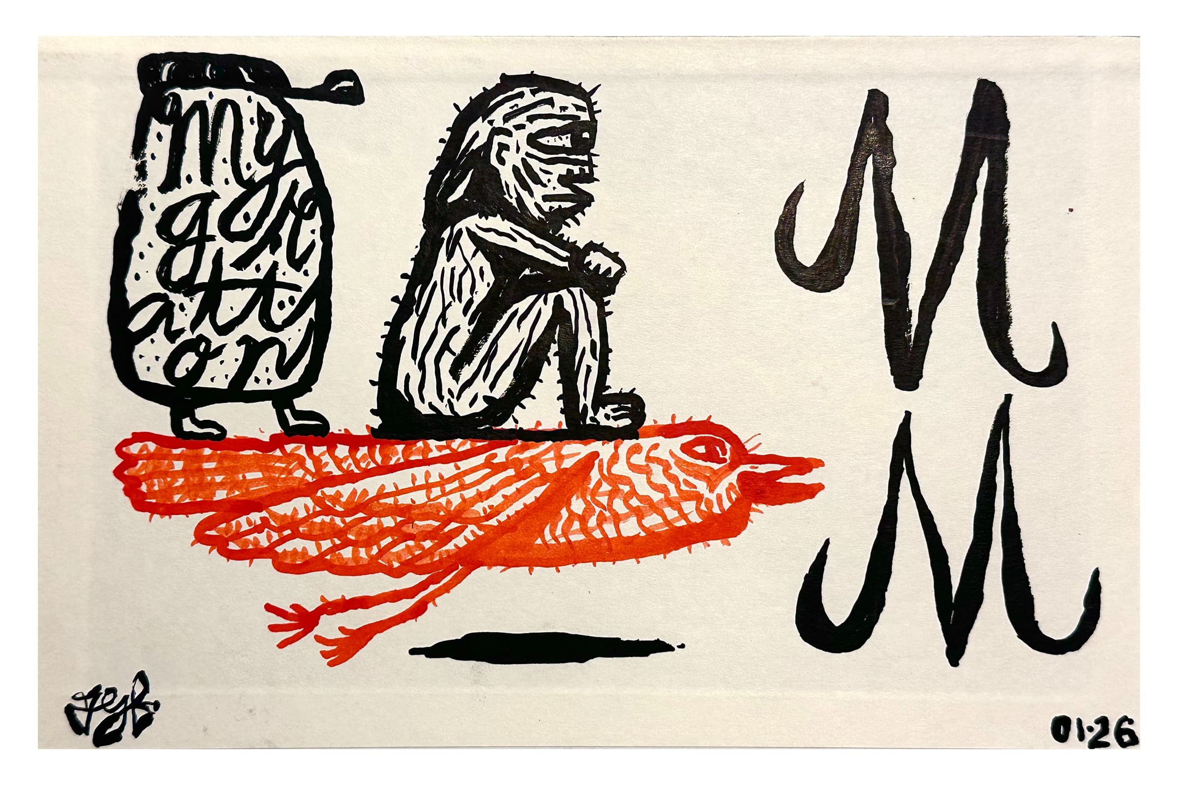 An art illustration featuring a stylized, patterned orange bird flying left to right. Sitting on top of the bird is a crouched, line-drawn human figure alongside a jar shape containing the hand-written text "my gre att on". Two large, calligraphic black letters "M" occupy the right side of the canvas against an off-white background.