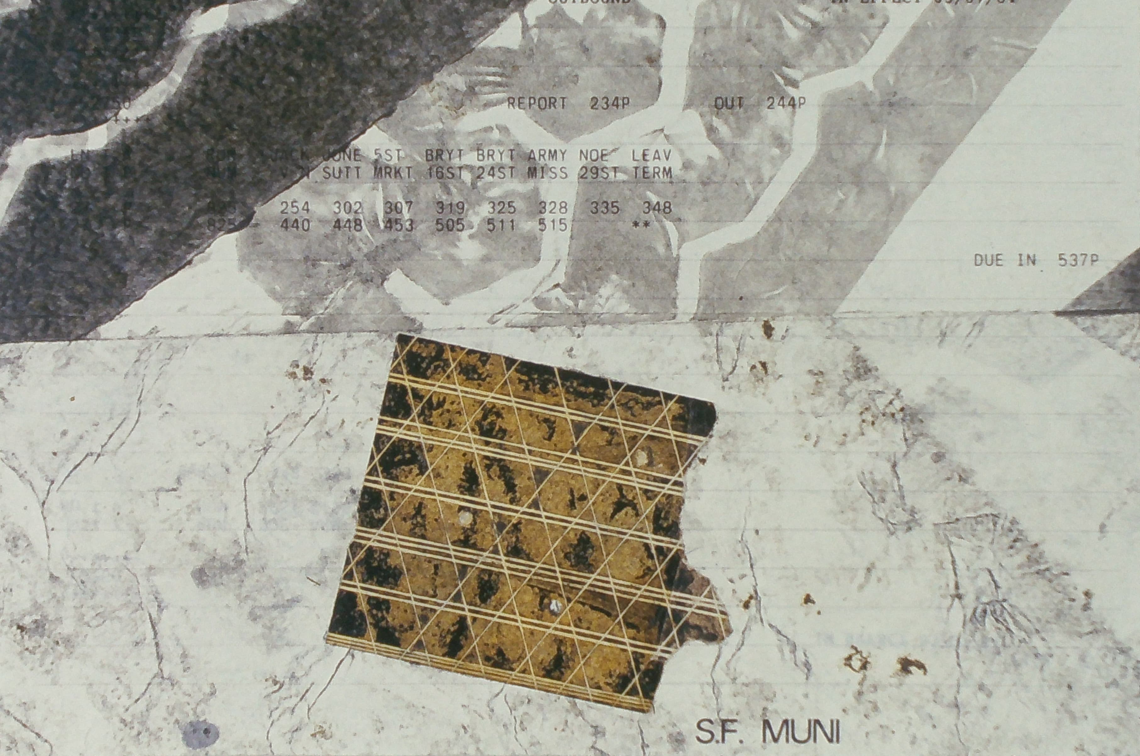 Black-and-white paste-up collage featuring a Muni bus tire print. The cut-and-paste composition layers copy machine images, textured backgrounds, and transport reports.