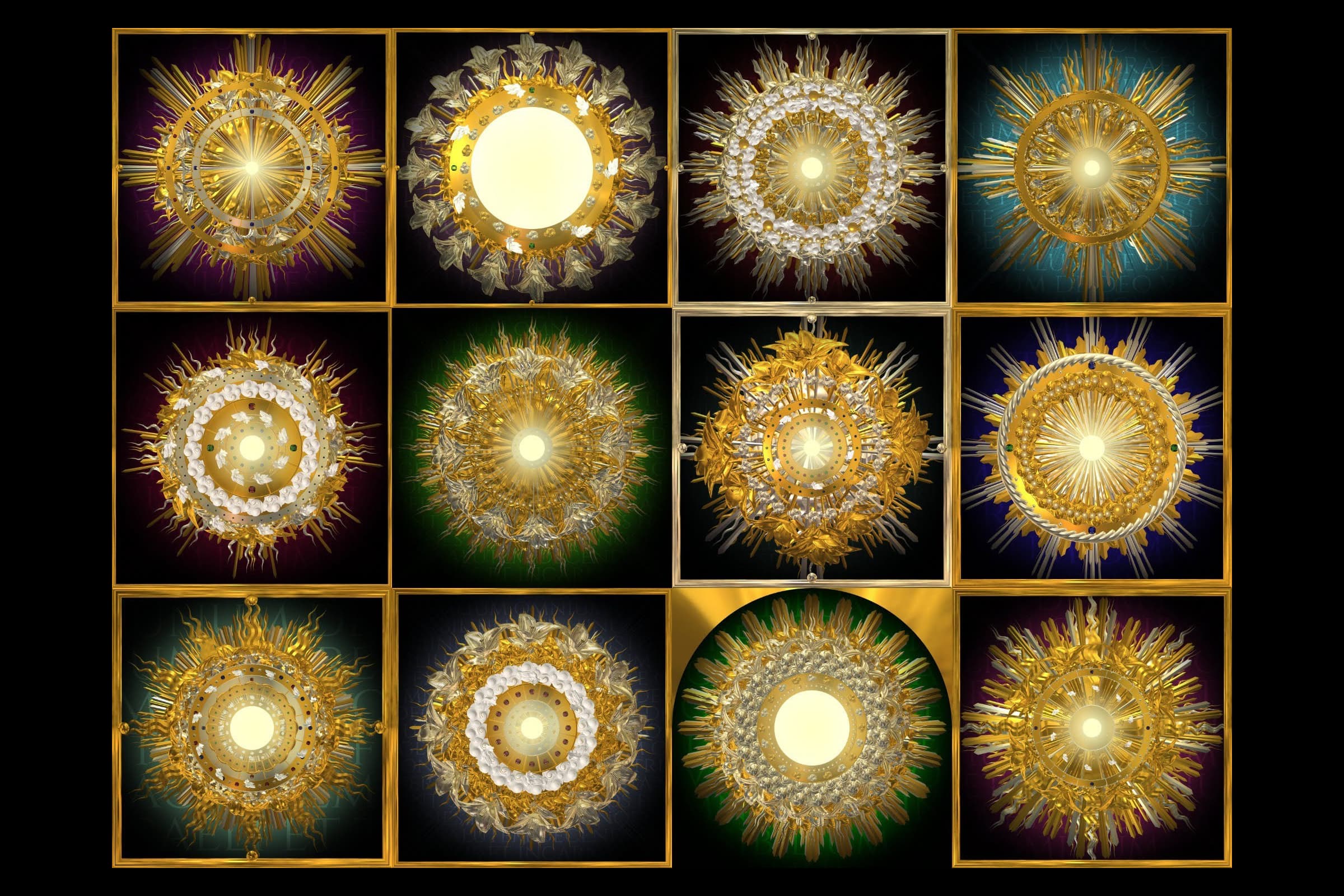 a grid of still images, each showing a golden, sun-like form in different configurations