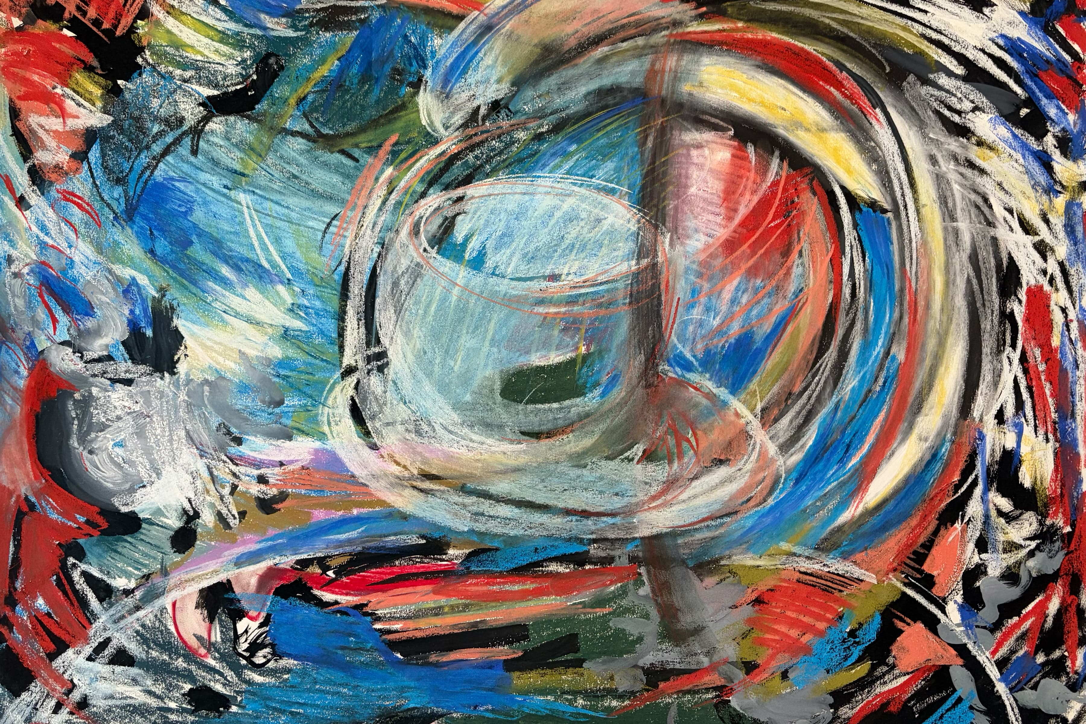 A vibrant abstract painting dominated by swirling strokes of blue, red, yellow, and black surrounding what faintly resembles a white central glass/ceramic bowl or cup with its plate underneath it.