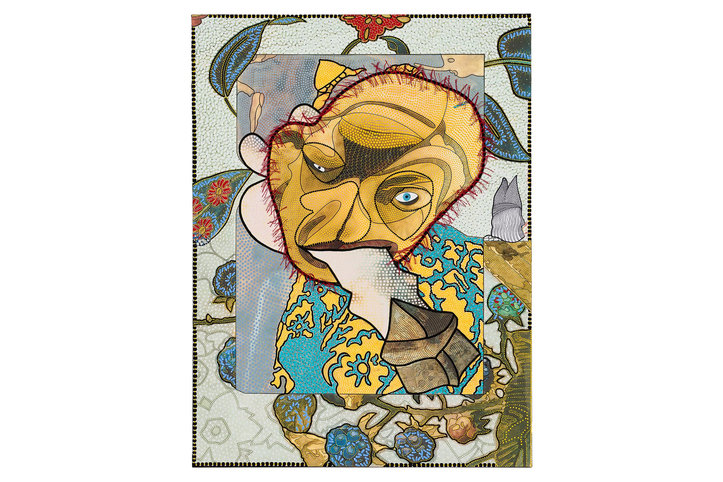 An artwork depicts a distorted, stylized face rendered in a warm yellow hue with a prominent blue eye and complex linework, appearing to open its mouth wide to consume a white, geometric shape. The central figure is framed by a background layer of vivid teal and gold patterns, which is set within a broader border featuring delicate floral patterns, large green and blue leaves, and small red blossoms against a pale, textured ground.