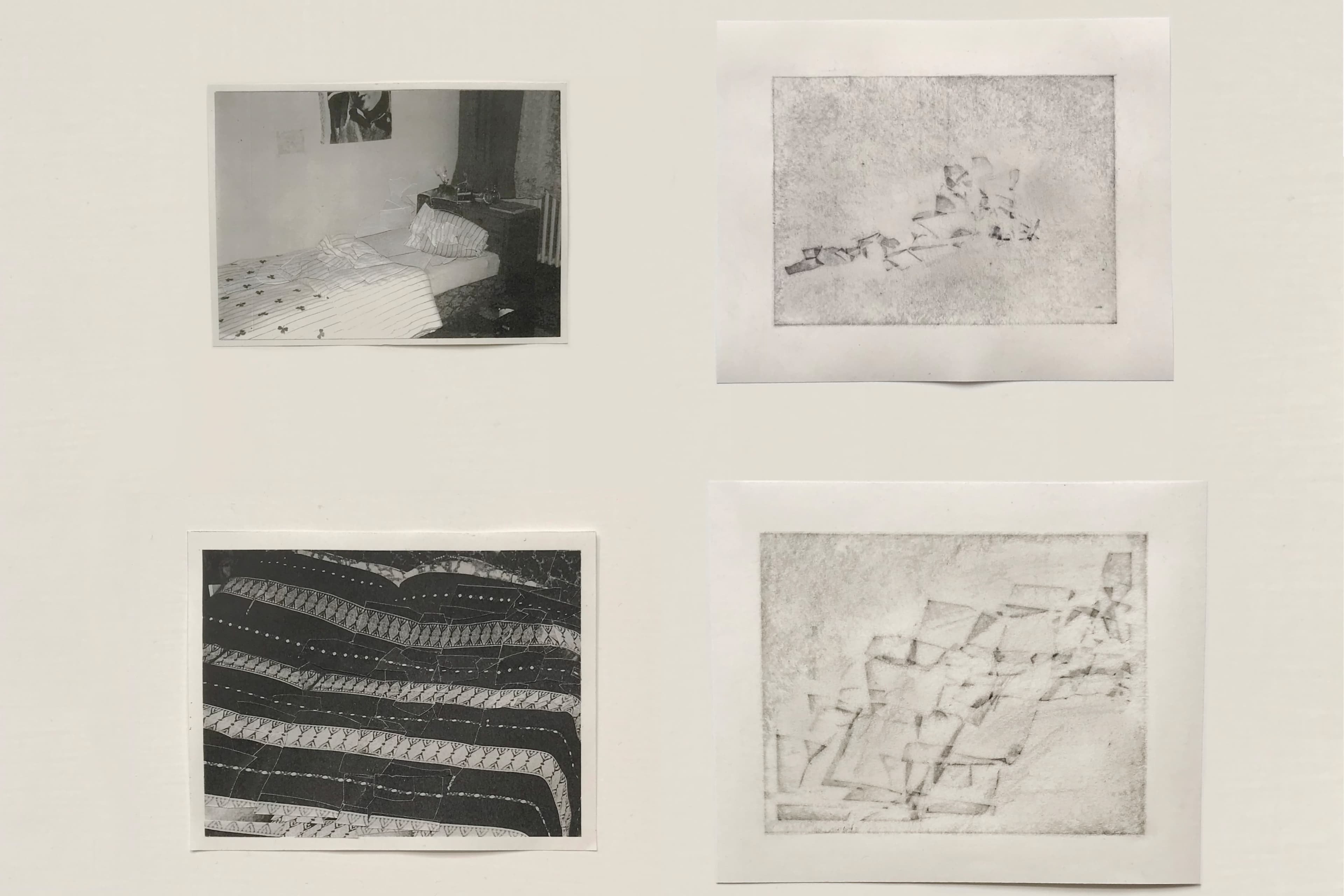 Four squares of paper arranged in two stacks with space in between, two on the left depict photographic black and white images of beds in bedrooms with subtle collage, two on the right depict graphite rubbing of images which reveals collaged layering.