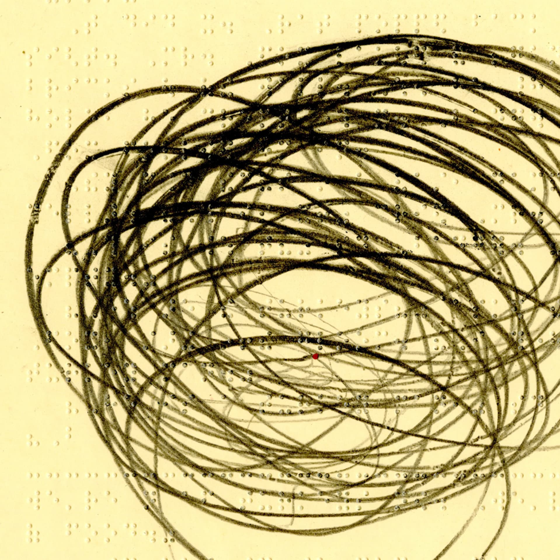 Detail of artwork by Peter Harris featuring frenetic swirls of graphite on a square piece of braille paper.