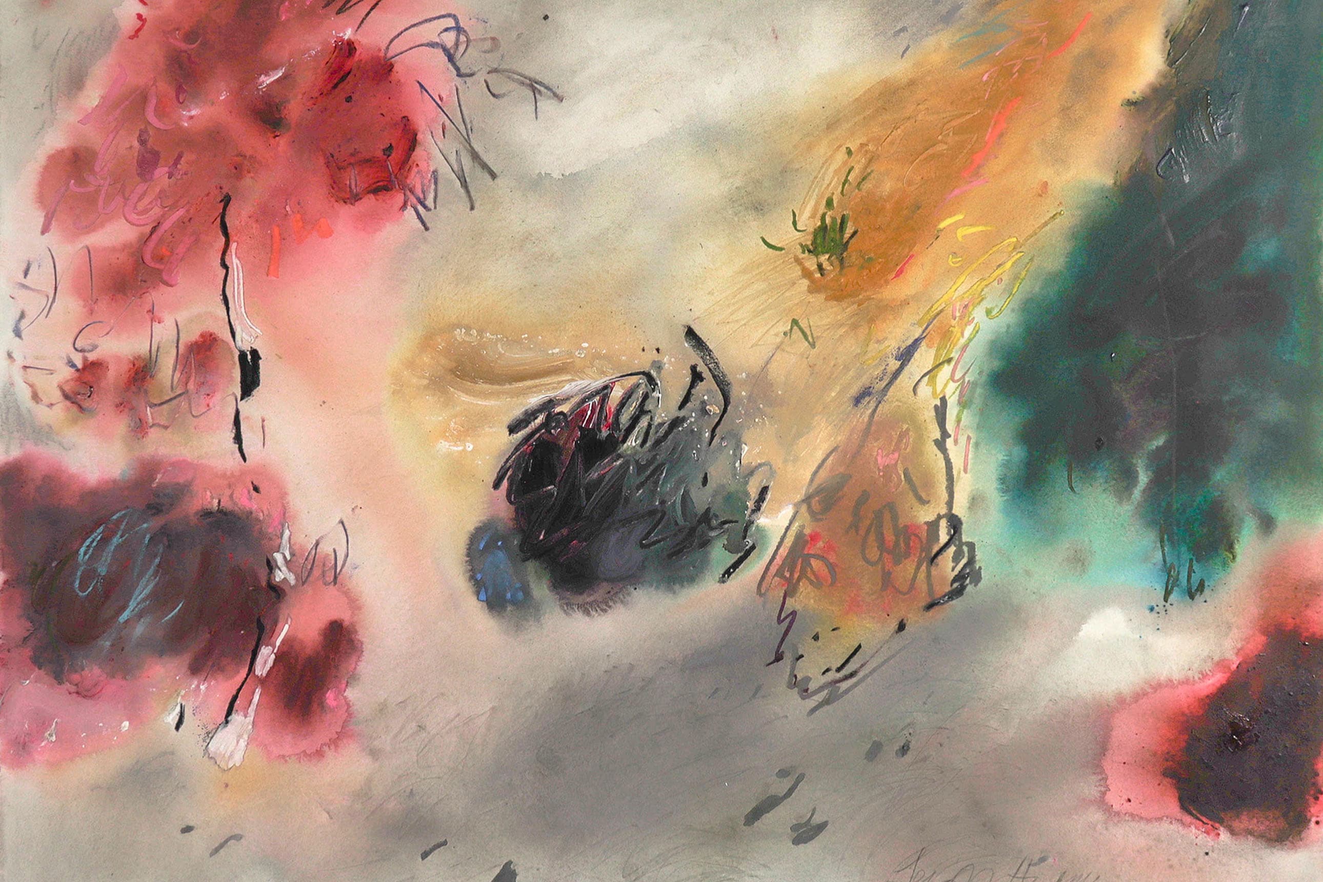 An abstract watercolor on deckle-edged paper, framed in gilt. Blooms of crimson, plum, and coral gather at the left and lower right, a deep teal mass anchors the right edge, and a diagonal of ochre runs toward the upper corner. At the center sits a dense knot of black and slate scribbles, and fine calligraphic pen marks scatter across the whole surface like handwriting.