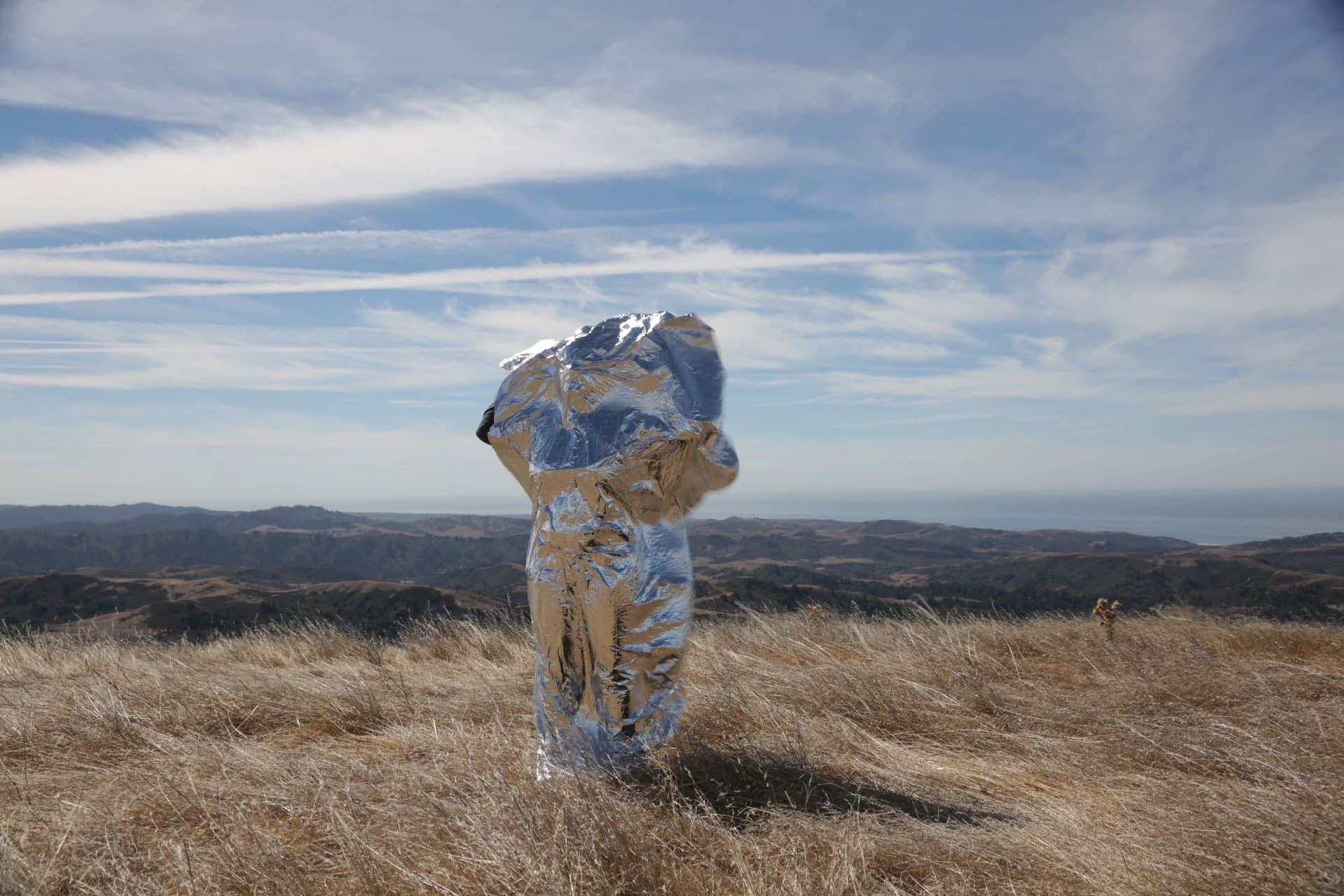 A figure wrapped in reflective silver material stands in a windswept field of dry grass, overlooking rolling hills and the distant ocean beneath a blue, cloud-streaked sky.