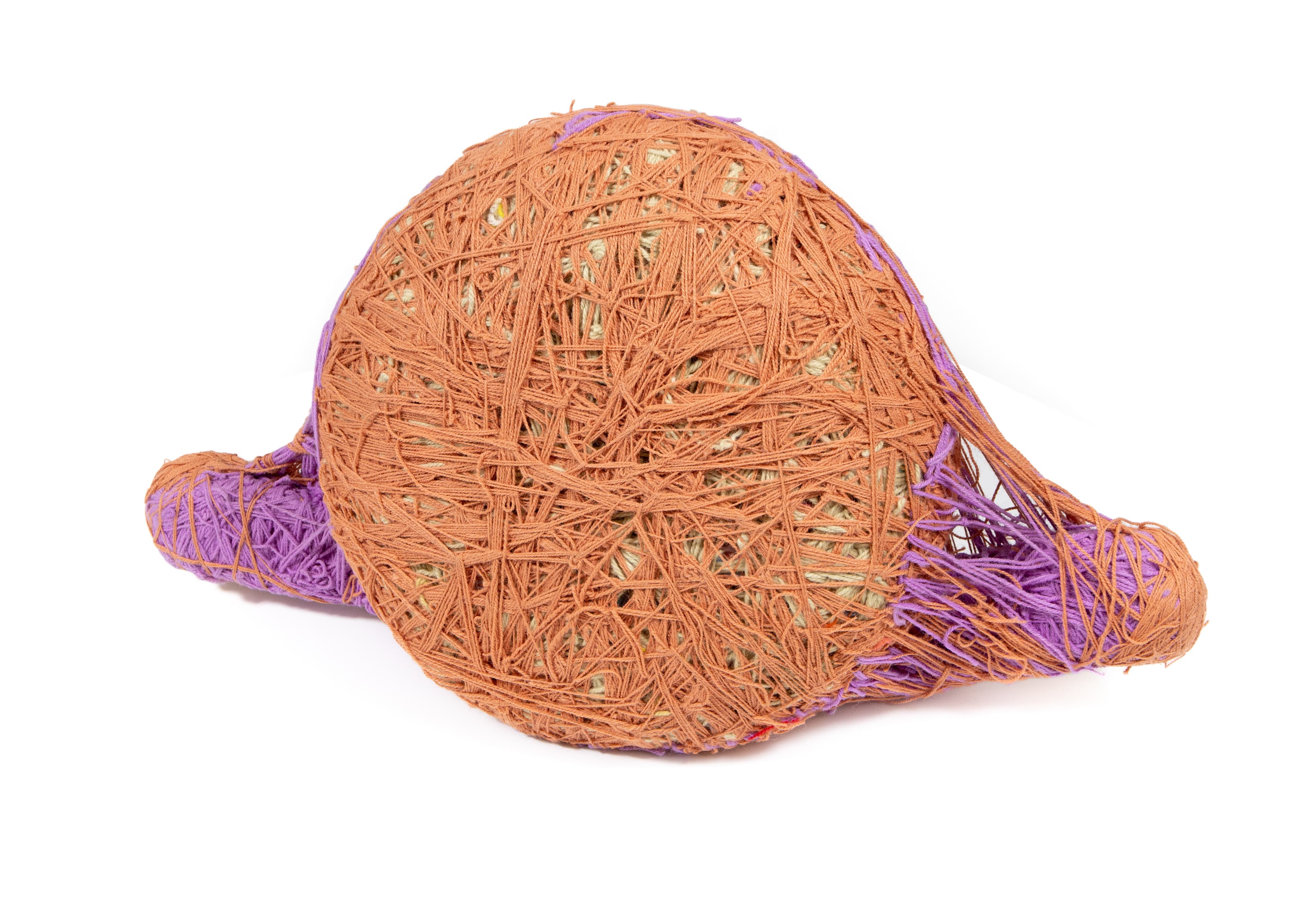 An abstract, three-dimensional textile sculpture resembling a rounded, irregular bundle. The form is densely wrapped in layers of rust-orange yarn, with strands crisscrossing in seemingly random patterns to create a complex, web-like texture. Beneath the orange fibers, glimpses of a pale, cream-colored material are visible.

Purple yarn emerges along the edges and forms elongated, rounded extensions on either side of the central mass. Some strands hang loosely from the sculpture, creating a sense of movement and unfinished texture.