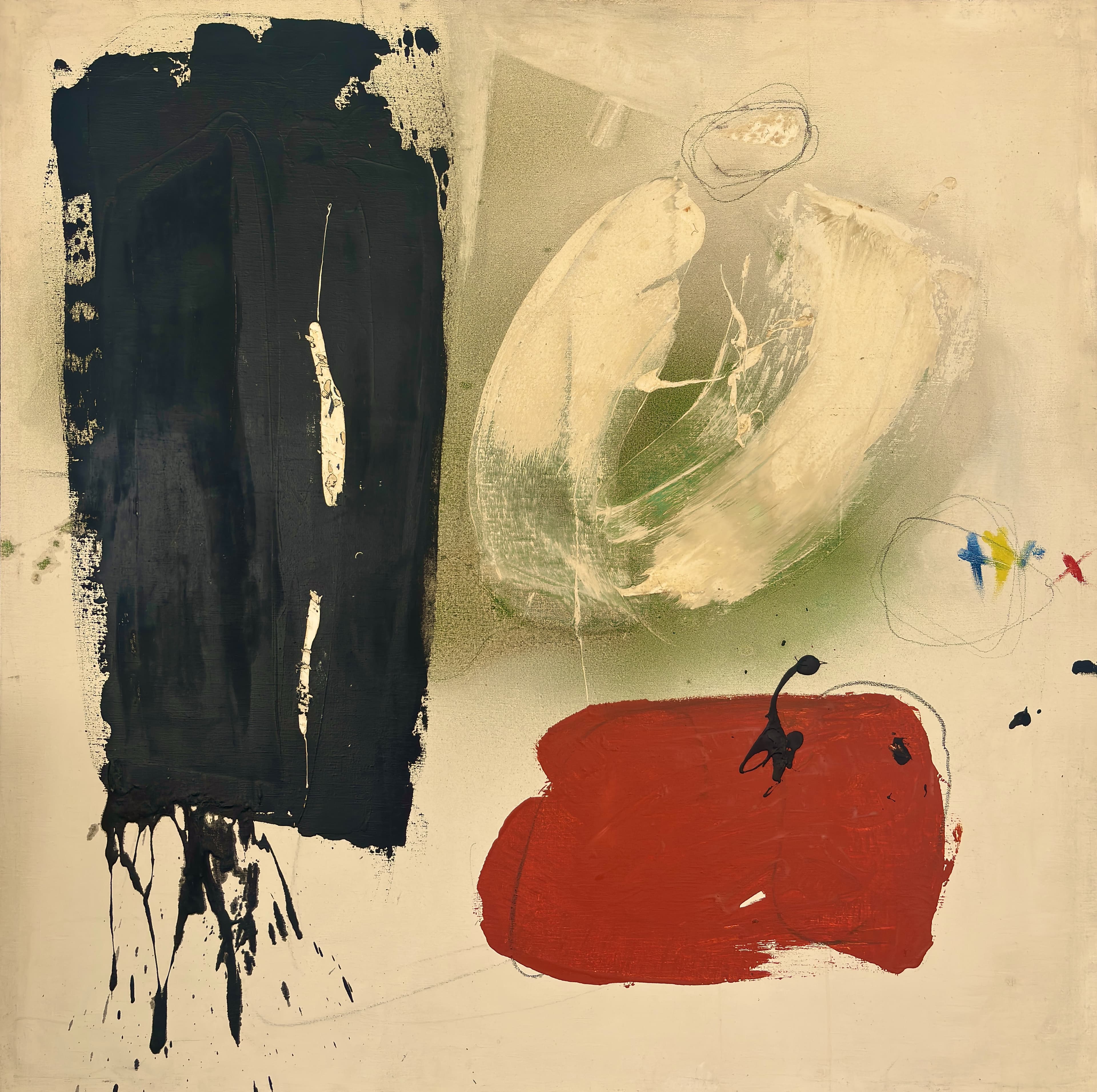 Painting with a cream background. On its proper right side is a vertical, black brushstroke extending from the top margin to nearly the bottom of the canvas. The black area has two cream vertical dabs of paint. In the upper middle is an open cream circular stroke. The background under the circular stroke is green. Below the circular stroke is a solid horizontal red brushstroke with two black dabs of paint. It illustrates a blend of styles form post-war modernism and abstract expressionism with some references to Asian aesthetics consistent with Zen Buddhism.
