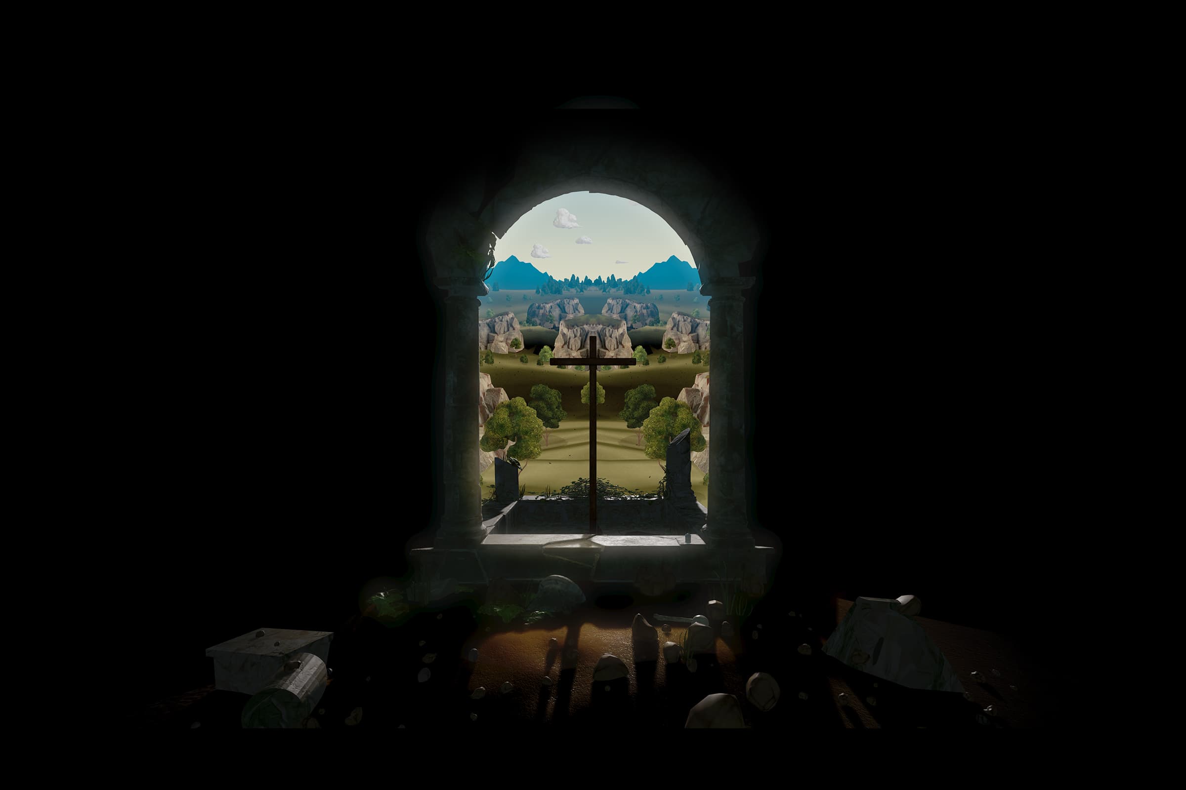 A 3D rendered scene, showing an arched window in a dark room. the only light comes from the window, and through it can be seen a Christian cross standing against a pastoral landscape.