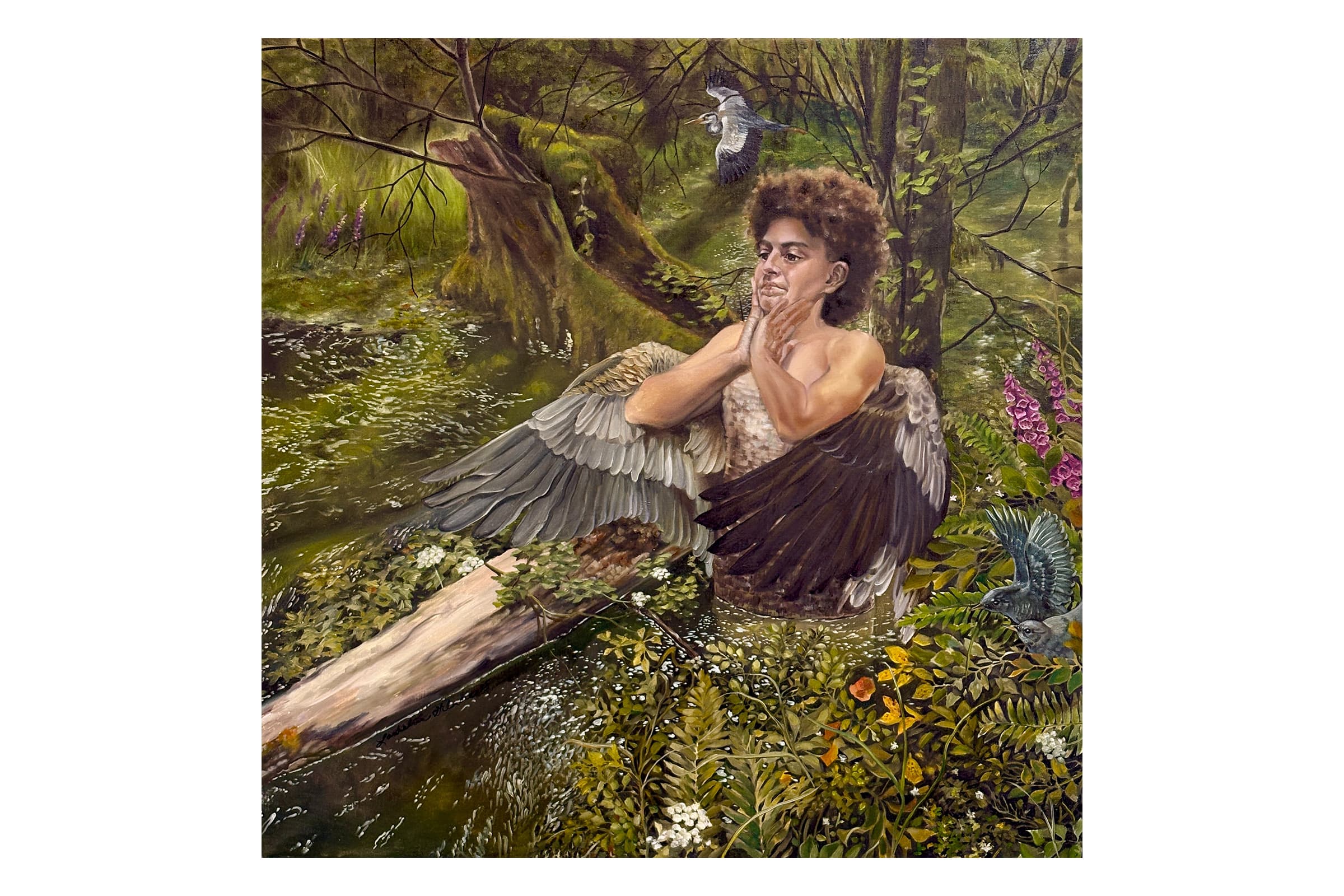 An oil painting depicting a human figure with large, feathered bird wings standing waist-deep in a lush, green swamp. The figure has curly dark hair and rests their chin thoughtfully in their hands. A fallen log sits in the water nearby, and a large heron flies overhead in the dense forest.