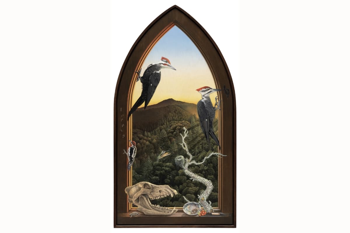 Tall, arched painting of a forest landscape framed in dark wood, with several woodpeckers perched among the branches, including two large pileated woodpeckers, a smaller woodpecker, and a songbird, overlooking a mountainous evergreen forest. A large animal skull and jawbone rest at the bottom beside a small specimen dish, berries, and other natural debris, with a winding, lichen-covered branch rising through the scene.