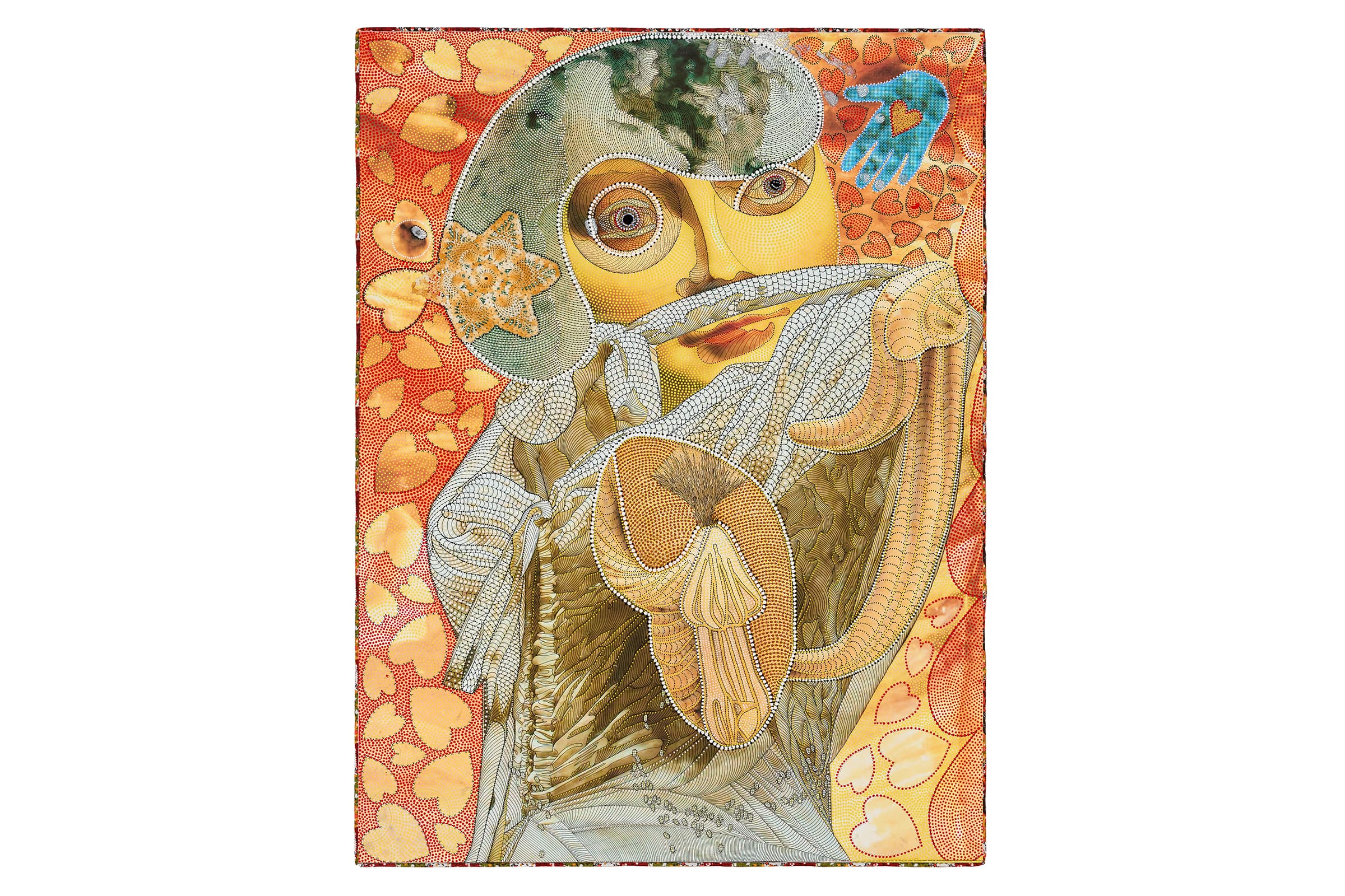 An intricate, textured artwork captures a close-up portrait of a figure wearing a detailed, helmet-like head covering adorned with a star shape on the side, with wide, intensely patterned eyes looking forward. The figure's lower face and body are draped in undulating, wing-like or fabric structures filled with fine dotted details and parallel lines, all set against a warm, vibrant background densely filled with golden, stylized heart shapes.