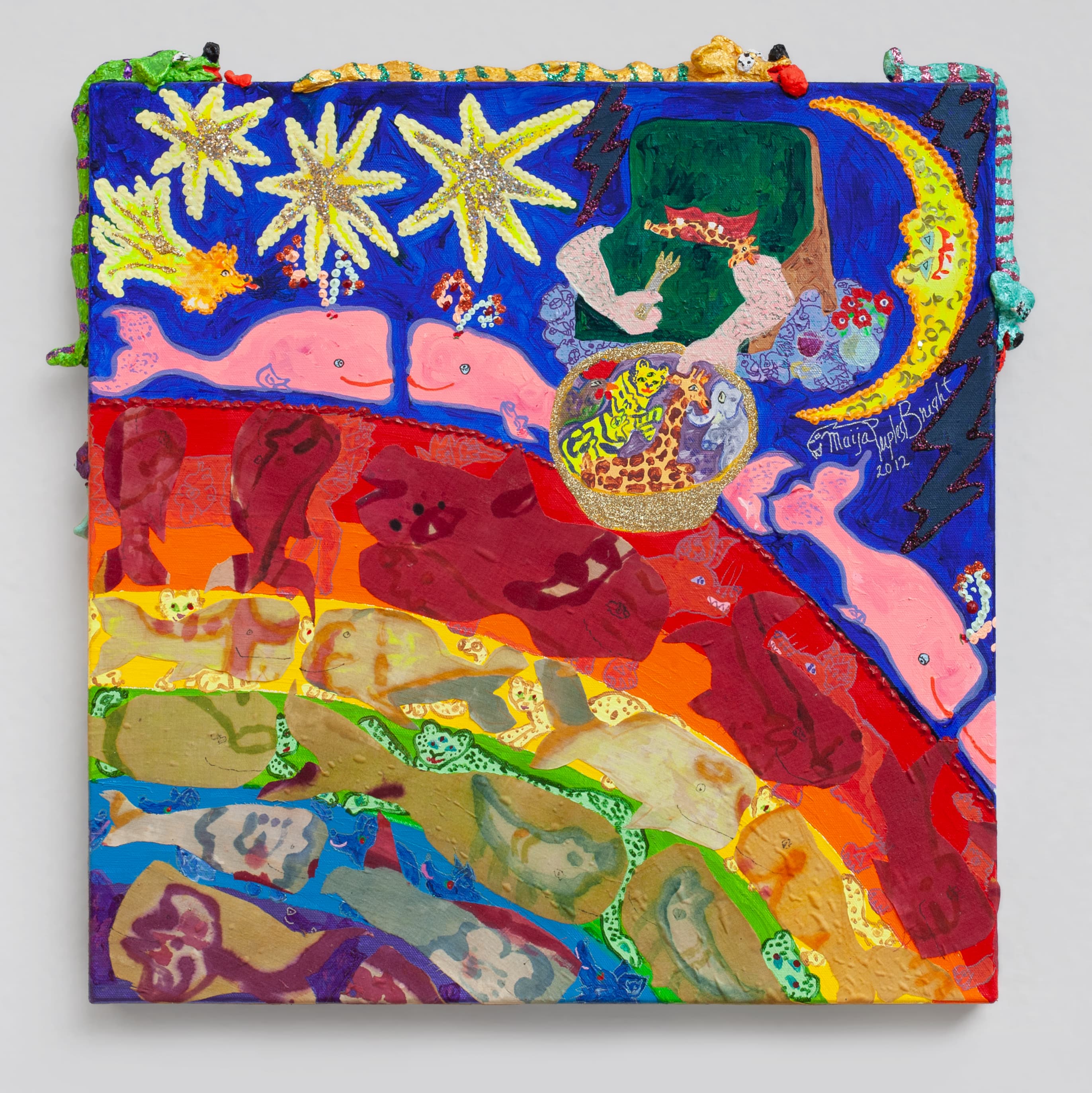 Colorful mixed-media artwork signed by the artist, showcasing pink whales, glittery stars, a rainbow array of colorful whales juxtaposed with other mammals. At the top right corner, a circular basket revealing safari animals inside, while being hold by a sofa with arms sitting on a purple cloud.