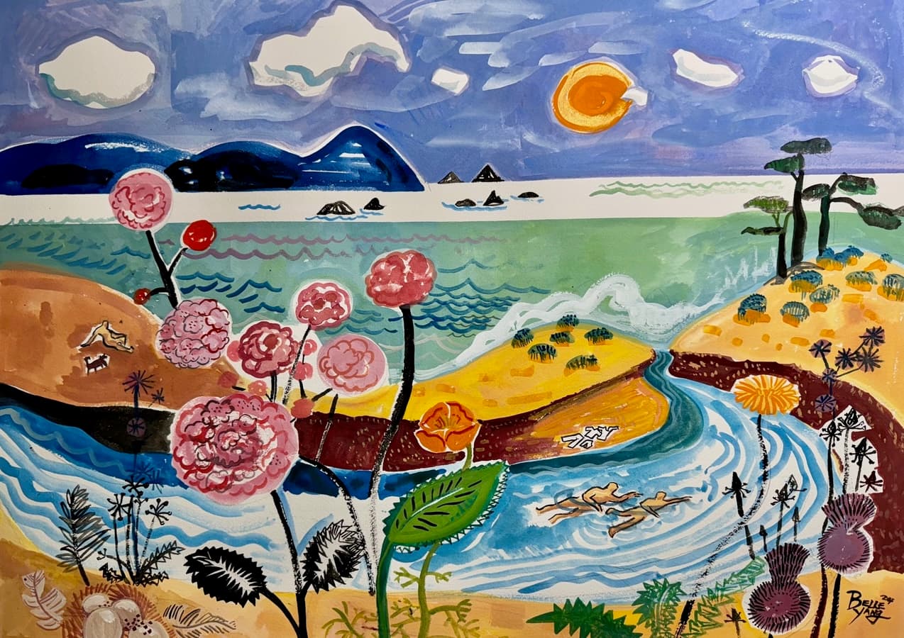 A vibrant painting of a coastal scene features large, stylized pink and red flowers in the foreground. In the midground, a golden-brown landmass is cut by a blue river where small figures swim. Dark blue mountains, a teal bay, a bright orange sun, and white clouds fill the background.