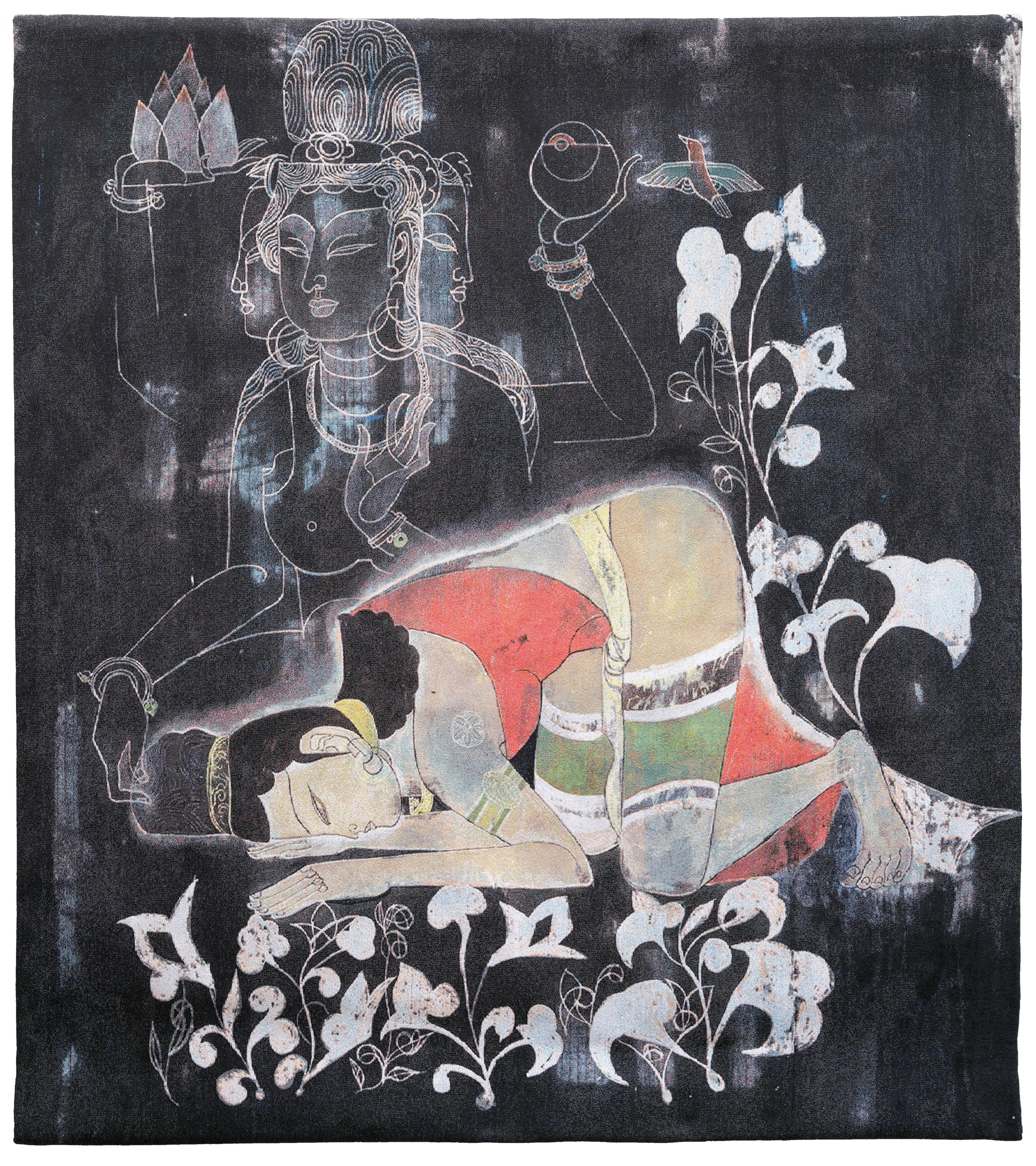 A stylized artwork showing a bowing figure in colorful clothing set against a dark background. A larger, outlined figure with multiple arms appears behind the figure, along with floral motifs and decorative elements surrounding both figures.