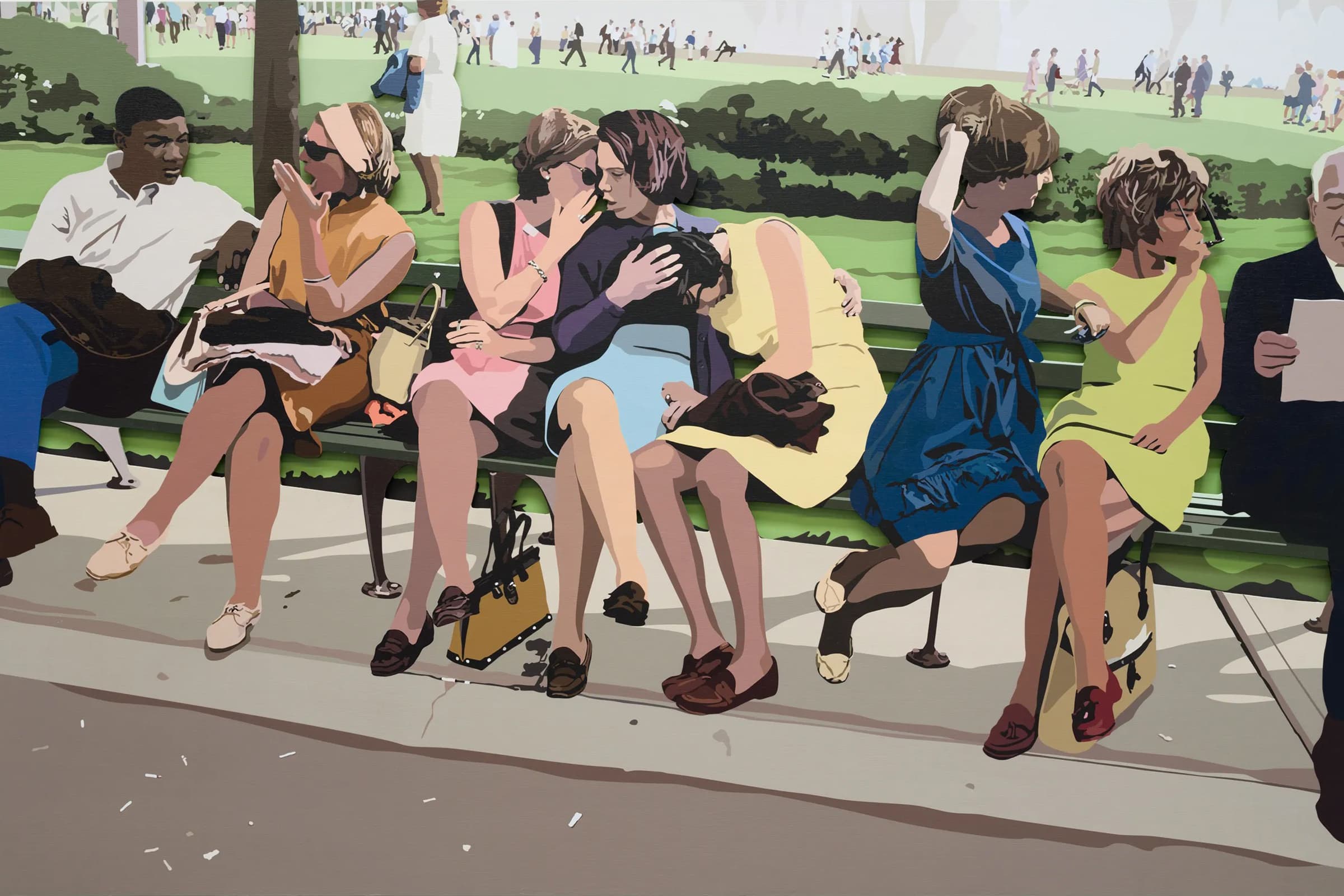Artwork shows seven people sitting on park benches talking with one another against a green grass background.