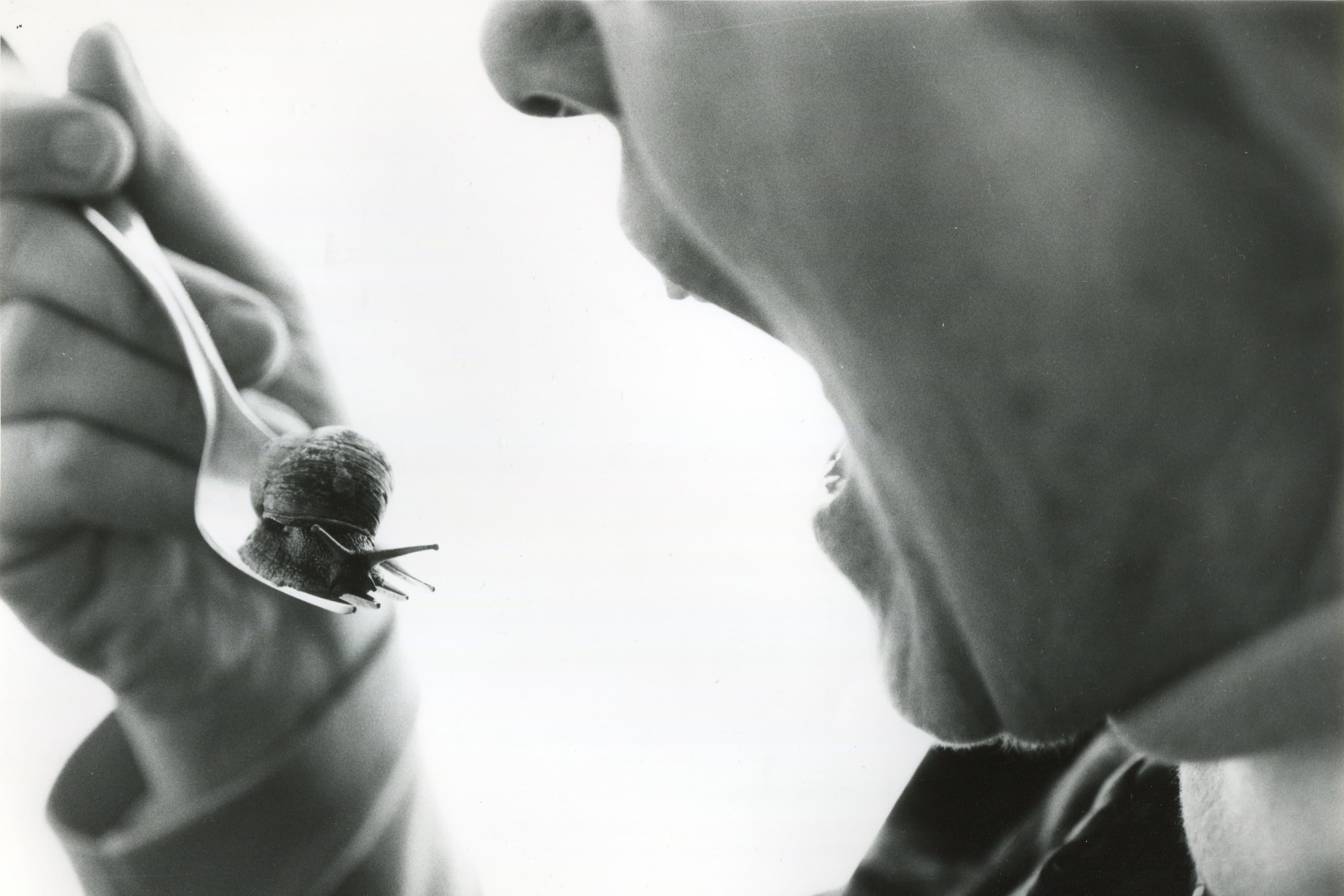 Black-and-white photograph of Jo Hanson holding a garden snail on a fork near her mouth, referencing her 1982 participatory exhibition and dinner at The Farm that explored human relationships with garden snails.