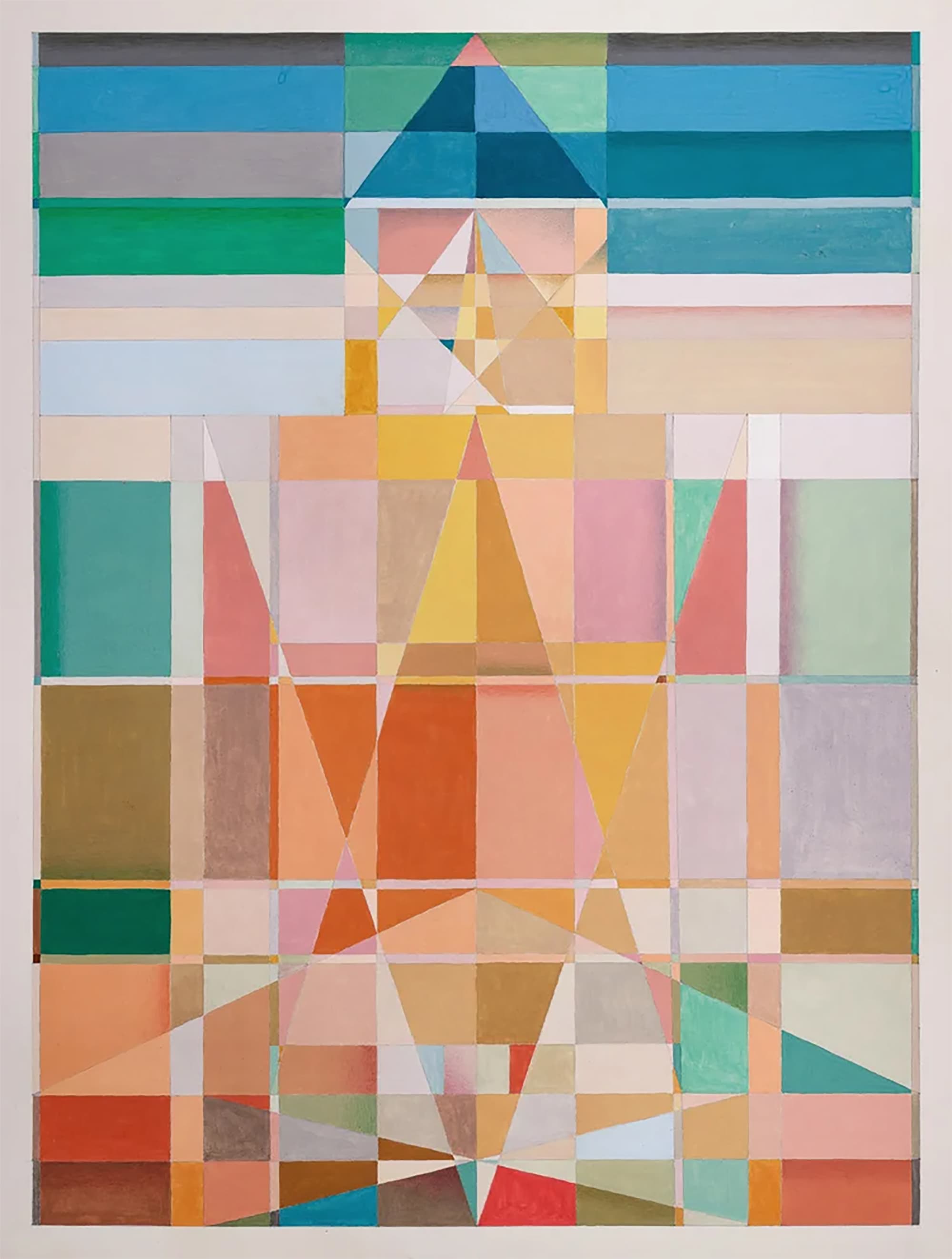 Painting on paper, unframed. A dense grid of hand-painted squares and triangles in terracotta, mustard, sage and dusty pink, with a teal and blue band across the top. The interlocking shapes suggest a seated meditating figure.