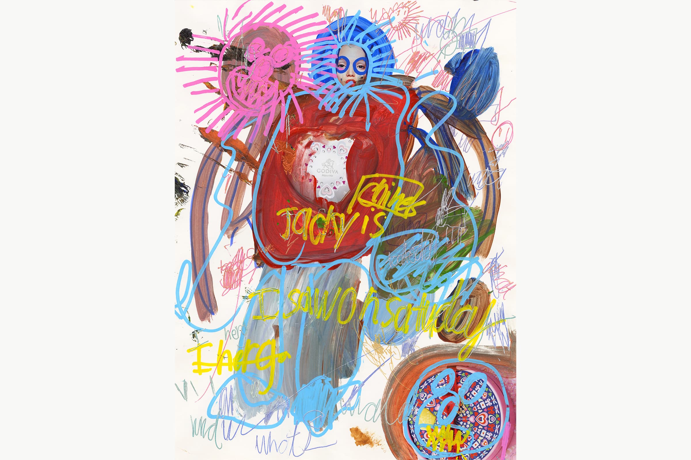 An abstracted, mixed-media artwork of a woman with a red painted body and grey pants, with a face cutout from a magazine. Inside the body, a cutout of a silver Godiva chocolate box is placed in the center of the body. The entire figure is outlined in blue marker, with sun rays radiating around her face. Next to its shoulder is a pink sun drawn in marker, reflecting the pattern around the woman's face.