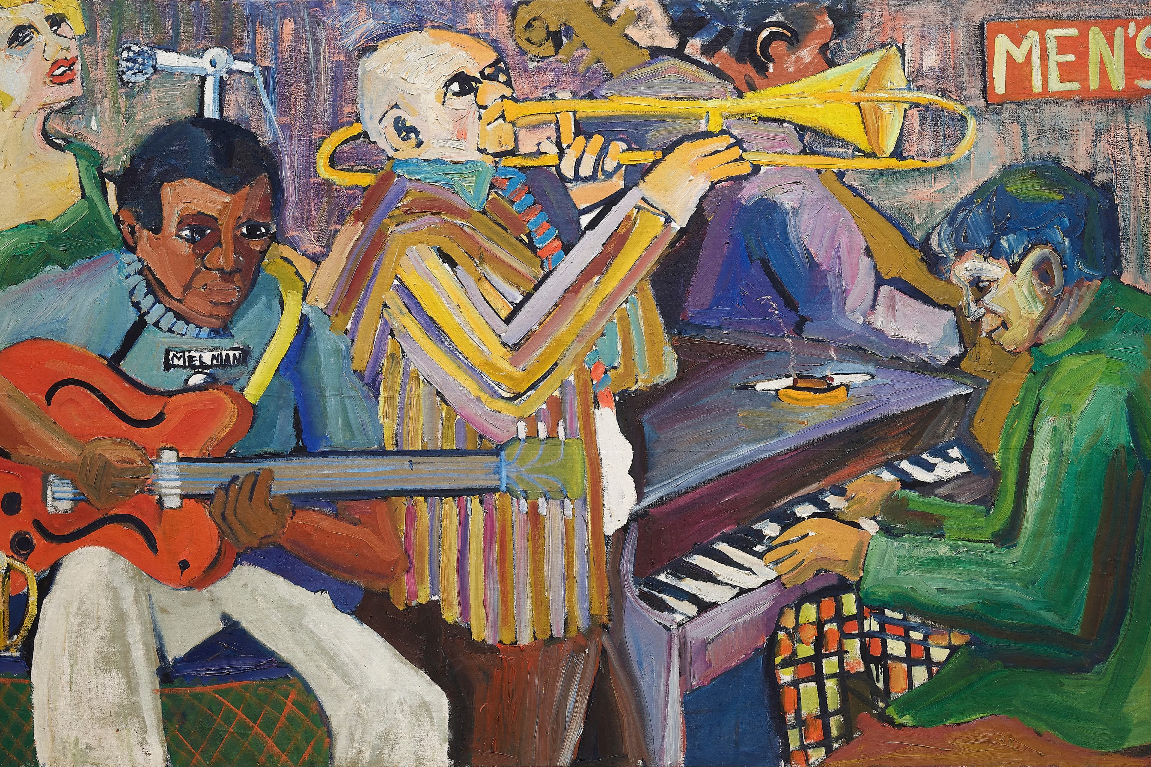 Rendered with color impasto, Me and the Band depicts a closely huddled five-person band performing that includes a singer, guitarist, trombonist, bassist, and pianist (from left to right). Two lit cigarettes sit atop the piano as the guitarist, the artist, sits on an amp with a full beer glass next to him. A red “men’s” restroom sign in the shape of an arrow is on the far right corner.