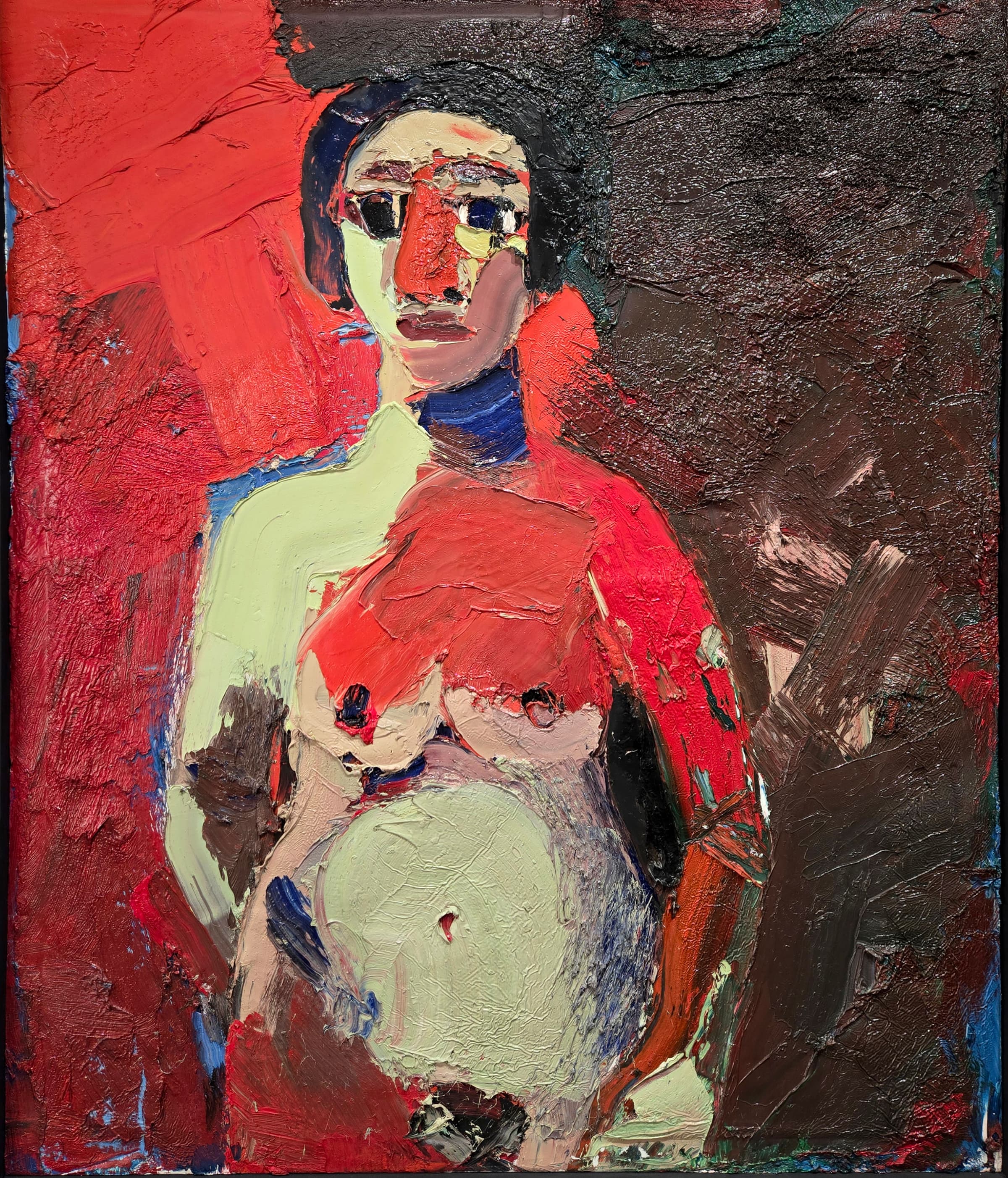 Oil painting of a naked female figure, rendered with thick brushstrokes against a dark red, textured background. The figure herself has brushtrokes of red on top of her skin, specially in her nose, part of her chest and arms.
