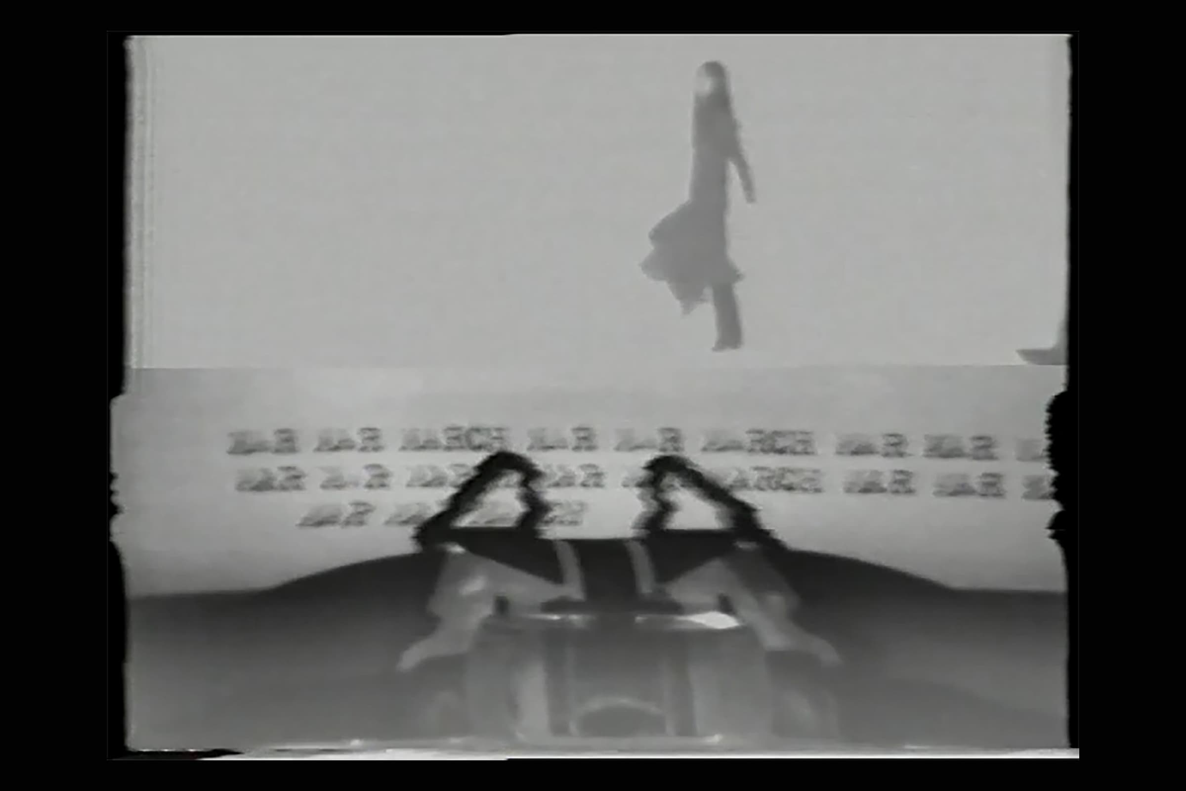 A black and white image with a figure at the top that appears to walk against a blank background. Below the figure are lines of typed text repeating “MAR MAR MARCH” and the top of a typewriter is visible in front of and continuing below the text.