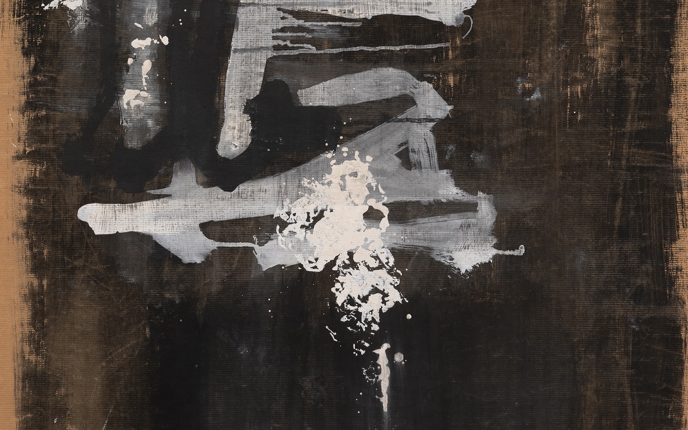 Painting featuring bold, gestural brushstrokes of black, silver-gray, and splattered off-white over a dark black and brown background with vertical streaks of earthy brown.