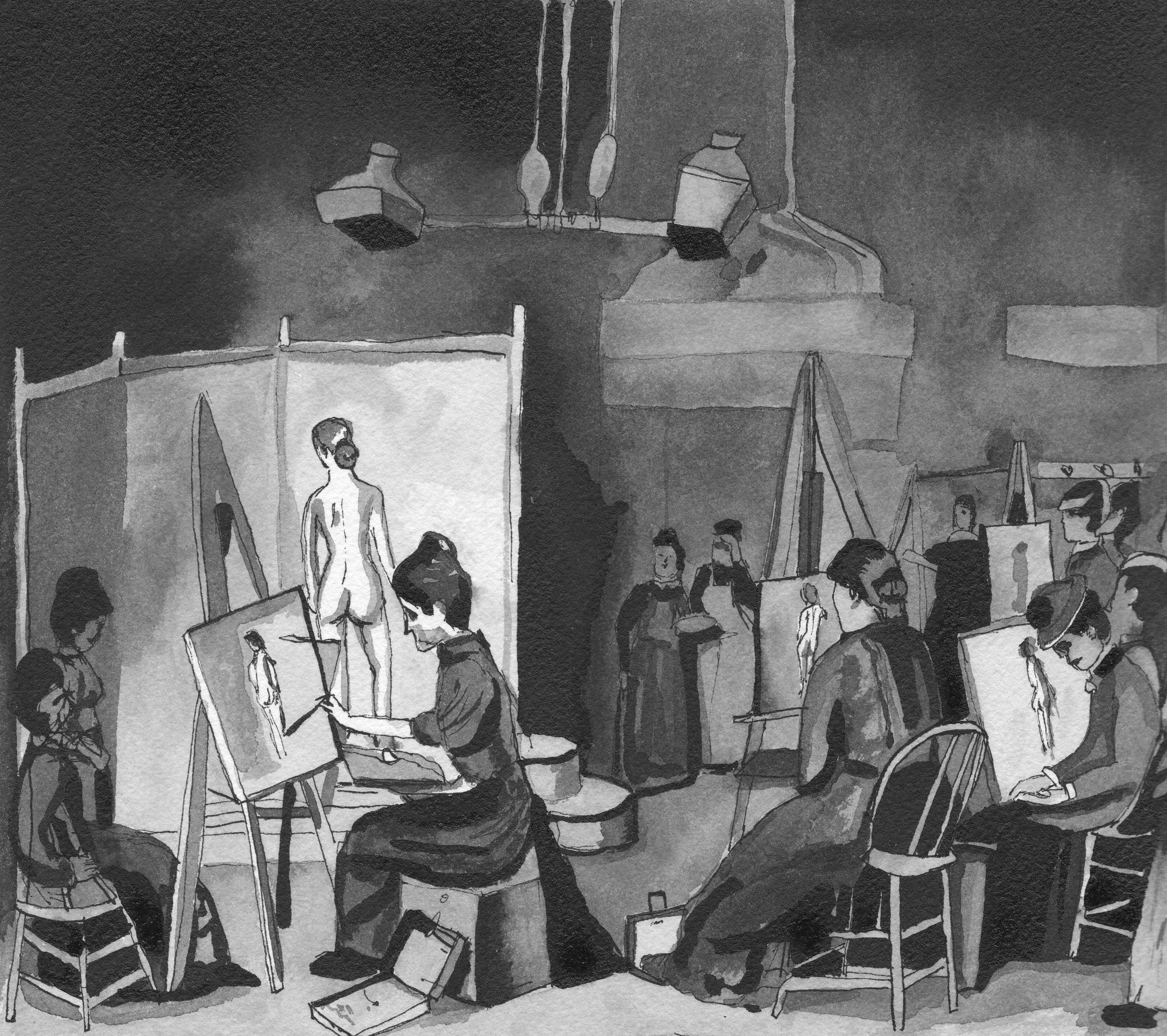 Black-and-white drawing of a figure paintings class, nude female has her back turned to the viewer, while students work on easels.